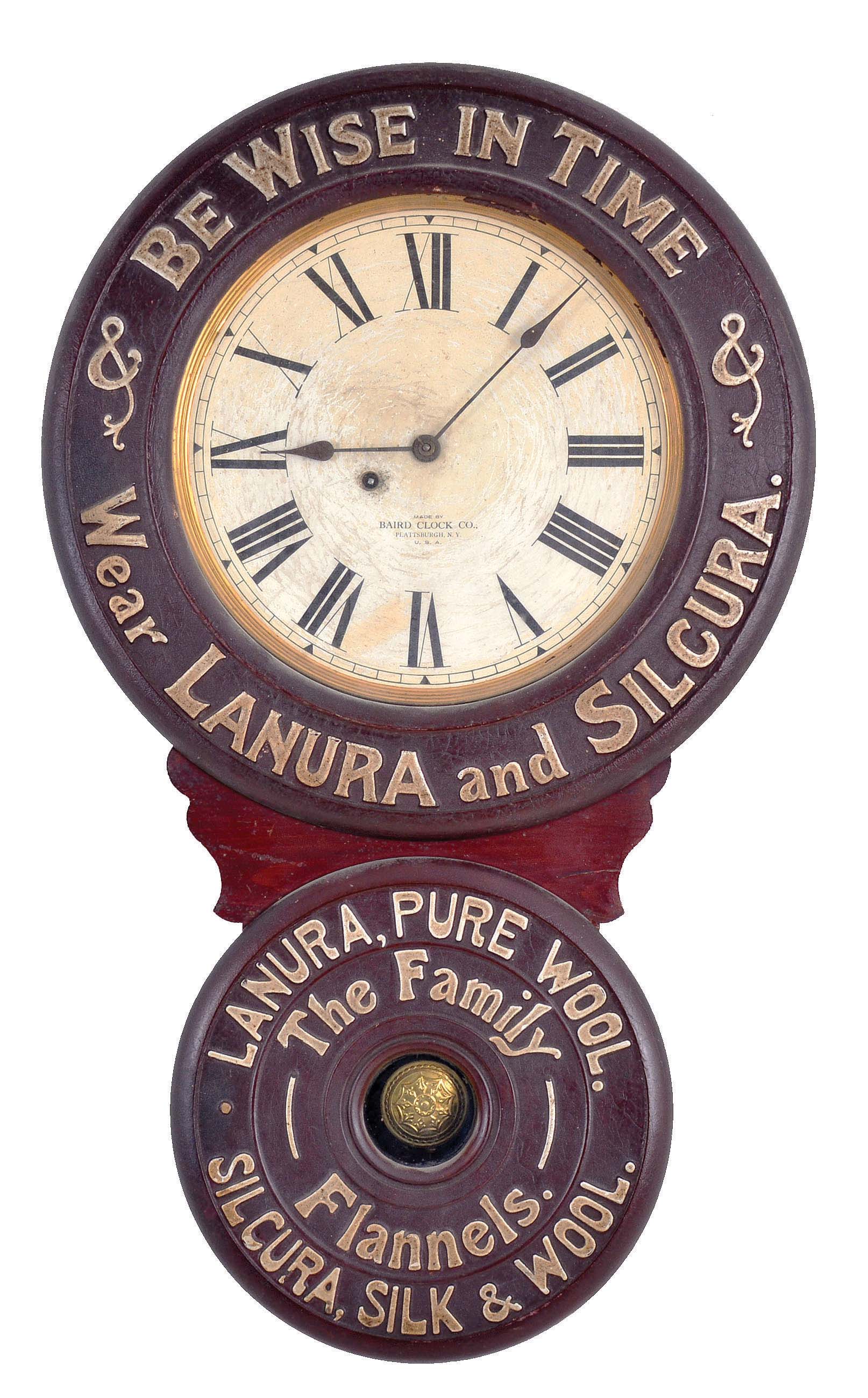Baird Clock Manufacturing Co., Plattsburgh, New York, "Lanura and Silkura, Silk & Wool", advertising wall clock, 8 day, time and strike, spring driven movement in a painted mixed wood case with paper mache doors displaying embossed advertising including the "The Family Flannels." on the inner ring of lower door and "BE WISE IN TIME & WEAR LANURA AND SILKURA. &" on the upper door with papered metal dials — Antique Clocks Price Guide
