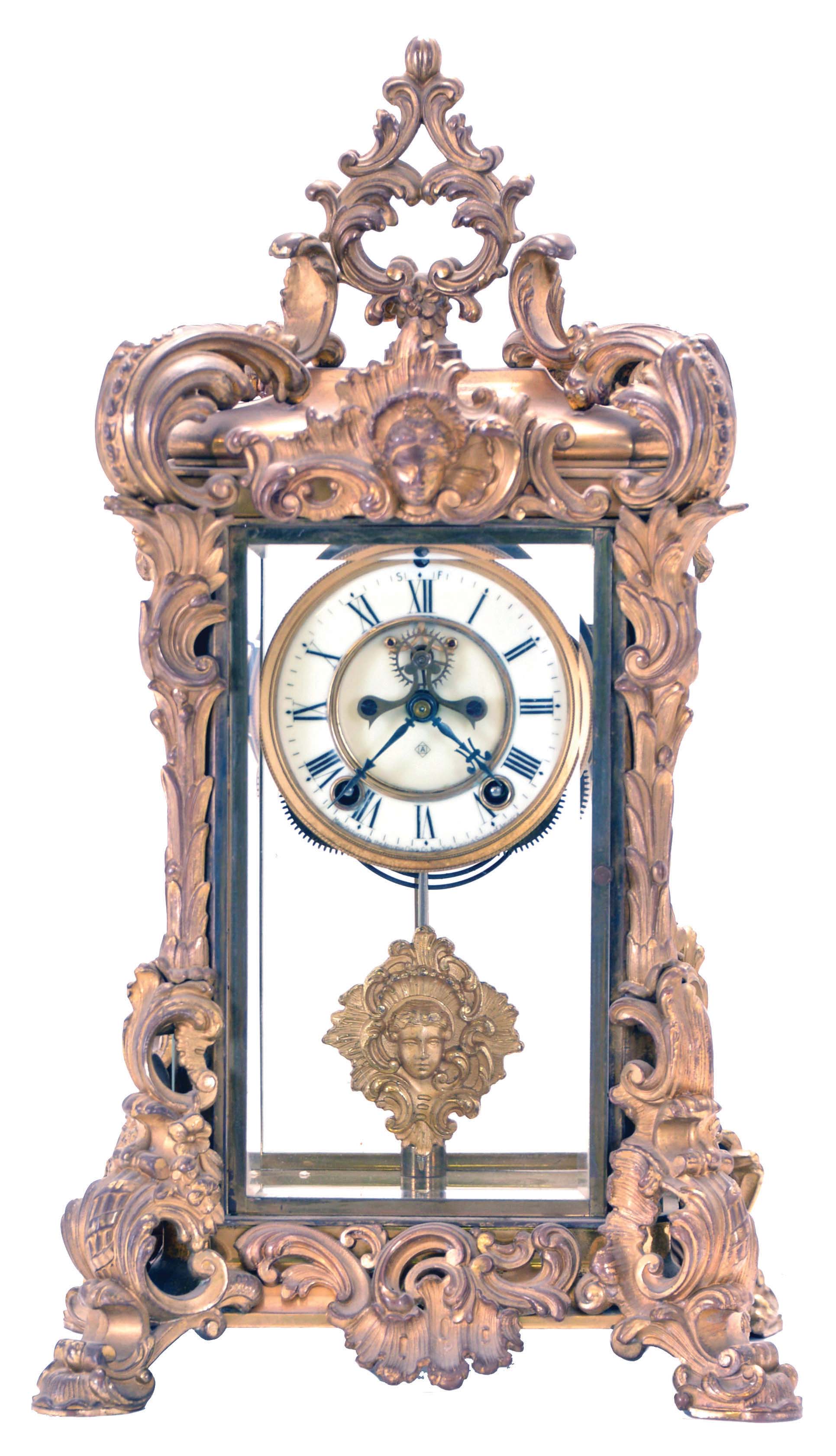 Ansonia Clock Co., New York, NY, "Apex" crystal regulator, 8 day, time and strike spring driven movement with visible escapement — Antique Clocks Price Guide