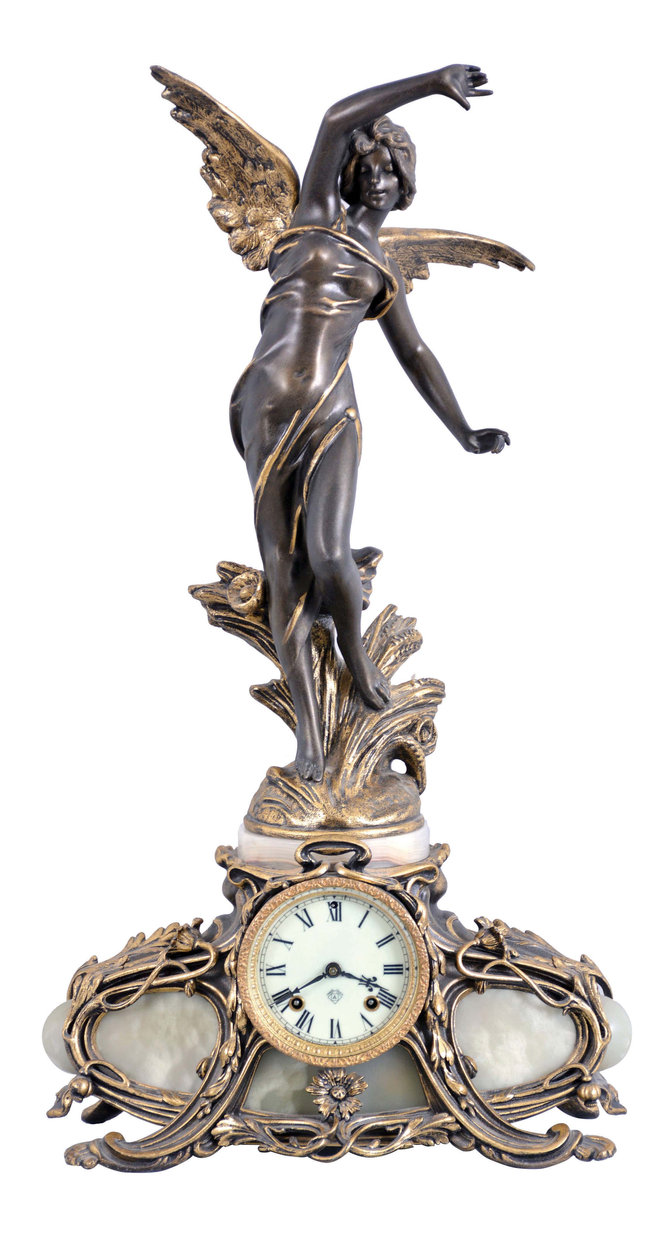 Ansonia Clock Co., New York, NY, "Superba base with La Source top ornament" figural shelf clock with a spring driven, 8 day, time and strike movement in a cast metal case with Brazilian onyx inlay panels. — Antique Clocks Price Guide