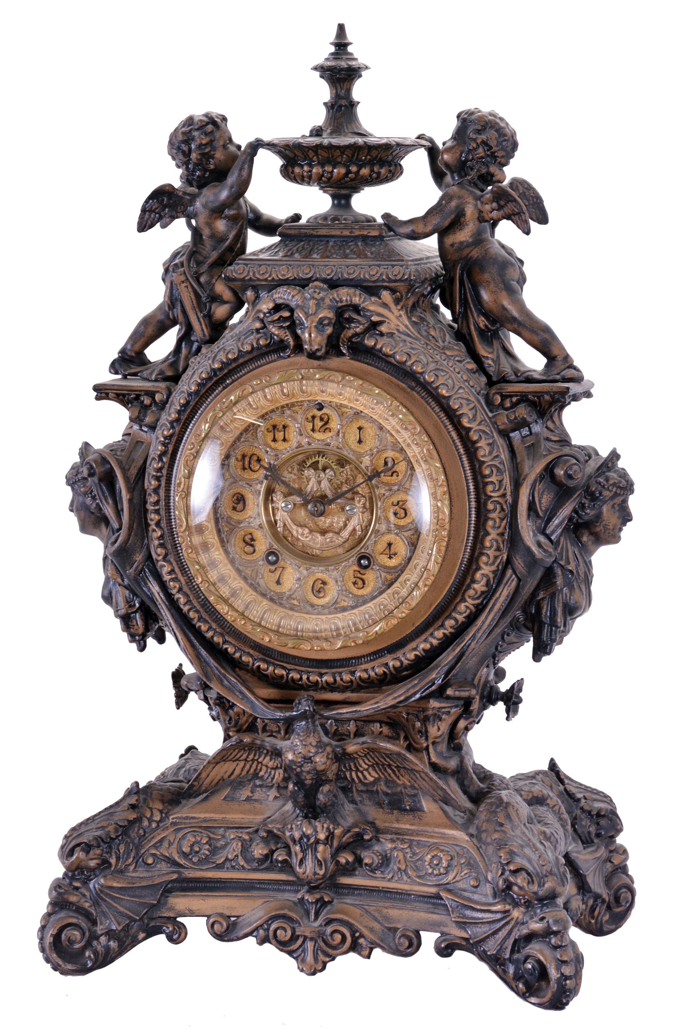 Ansonia Clock Co., New York, NY, "Lydia", 8 day, time and strike spring driven movement metal case mantel clock. — Antique Clocks Price Guide
