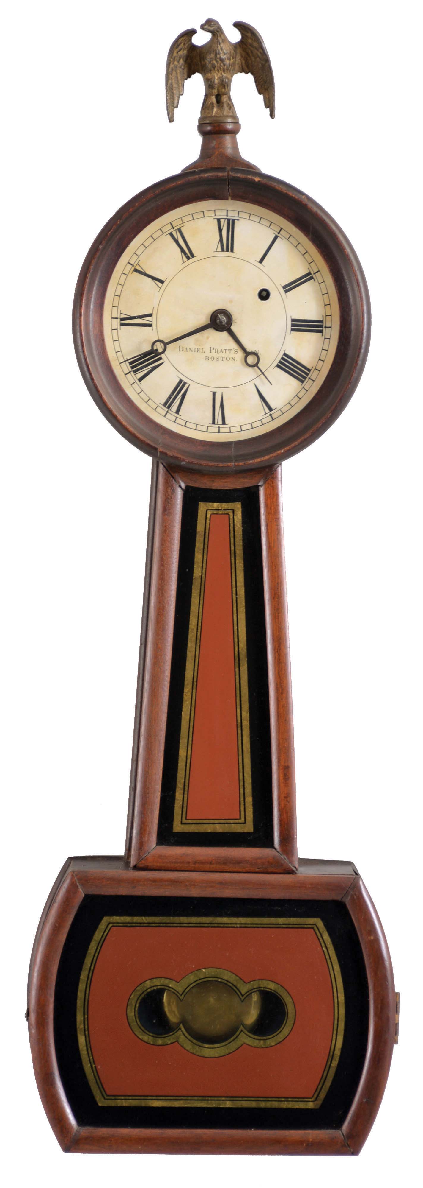 Harvard Clock Co., Boston, Mass., retailed by Daniel Pratt's Son, Boston, Mass., 8 day, weight driven brass movement, Patent or banjo timepiece. — Antique Clocks Price Guide