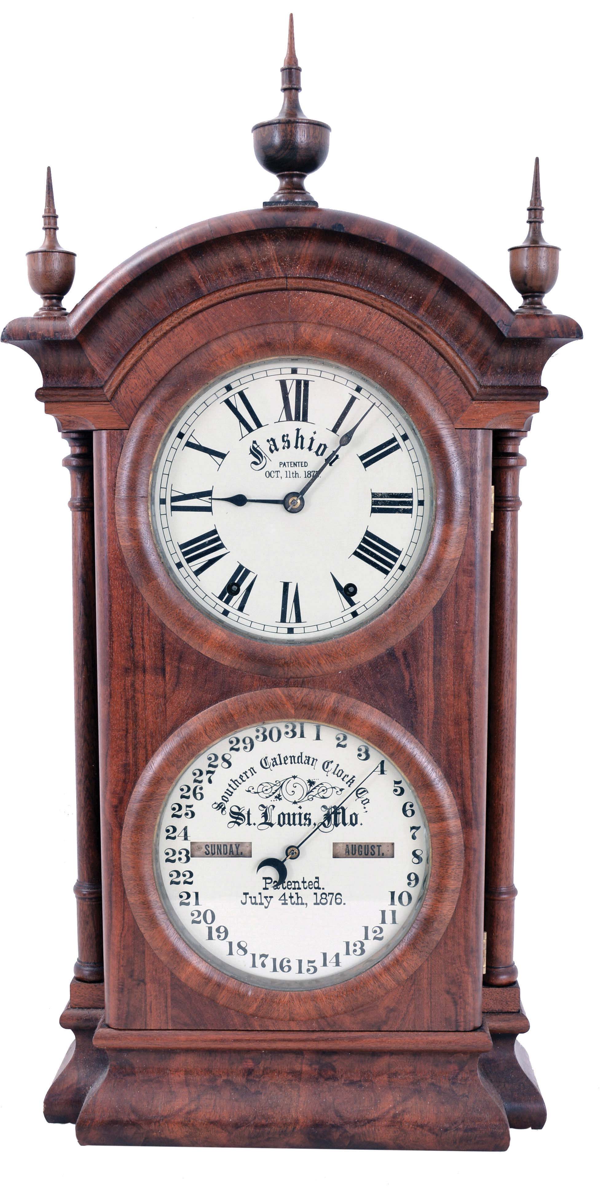 Southern Calendar Clock Co., St. Louis, Mo., "Fashion No. 2" double dial shelf clock with a Seth Thomas spring driven, 8 day, time and strike movement and a R. T. Andrews patented perpetual calendar mechanism in a walnut case. — Antique Clocks Price Guide