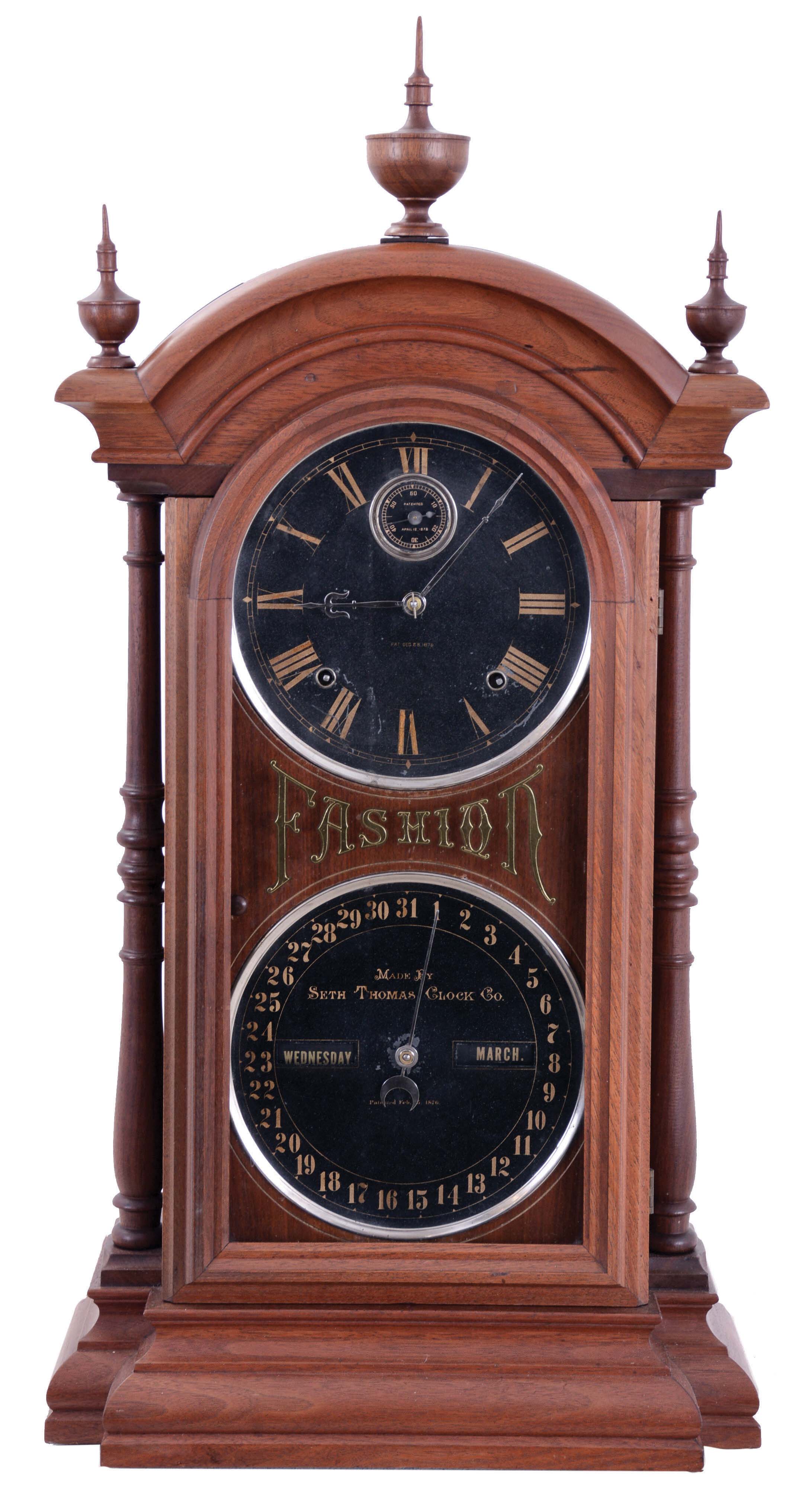 Southern Calendar Clock Co., St. Louis, Mo., "Fashion No. 6" double dial shelf clock with a Seth Thomas spring driven, 8 day, time and strike movement and a R. T. Andrews patented perpetual calendar mechanism in a walnut case. — Antique Clocks Price Guide