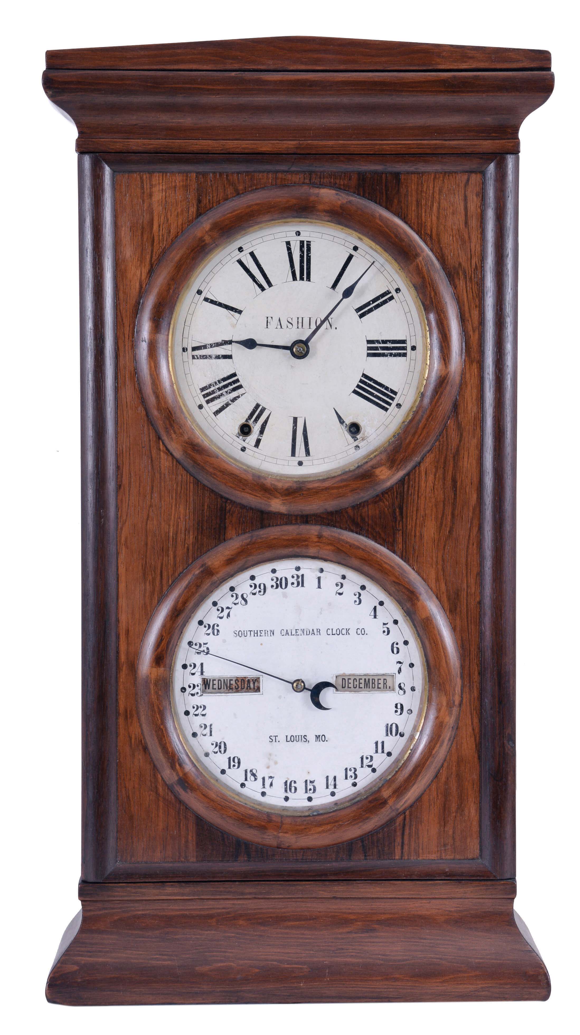 Southern Calendar Clock Co., St. Louis, Mo., "Fashion No. 1" double dial shelf clock with a spring driven, 8 day, time and strike, Seth Thomas movement and a R. T. Andrews patented perpetual calendar mechanism in a rosewood veneered case. — Antique Clocks Price Guide