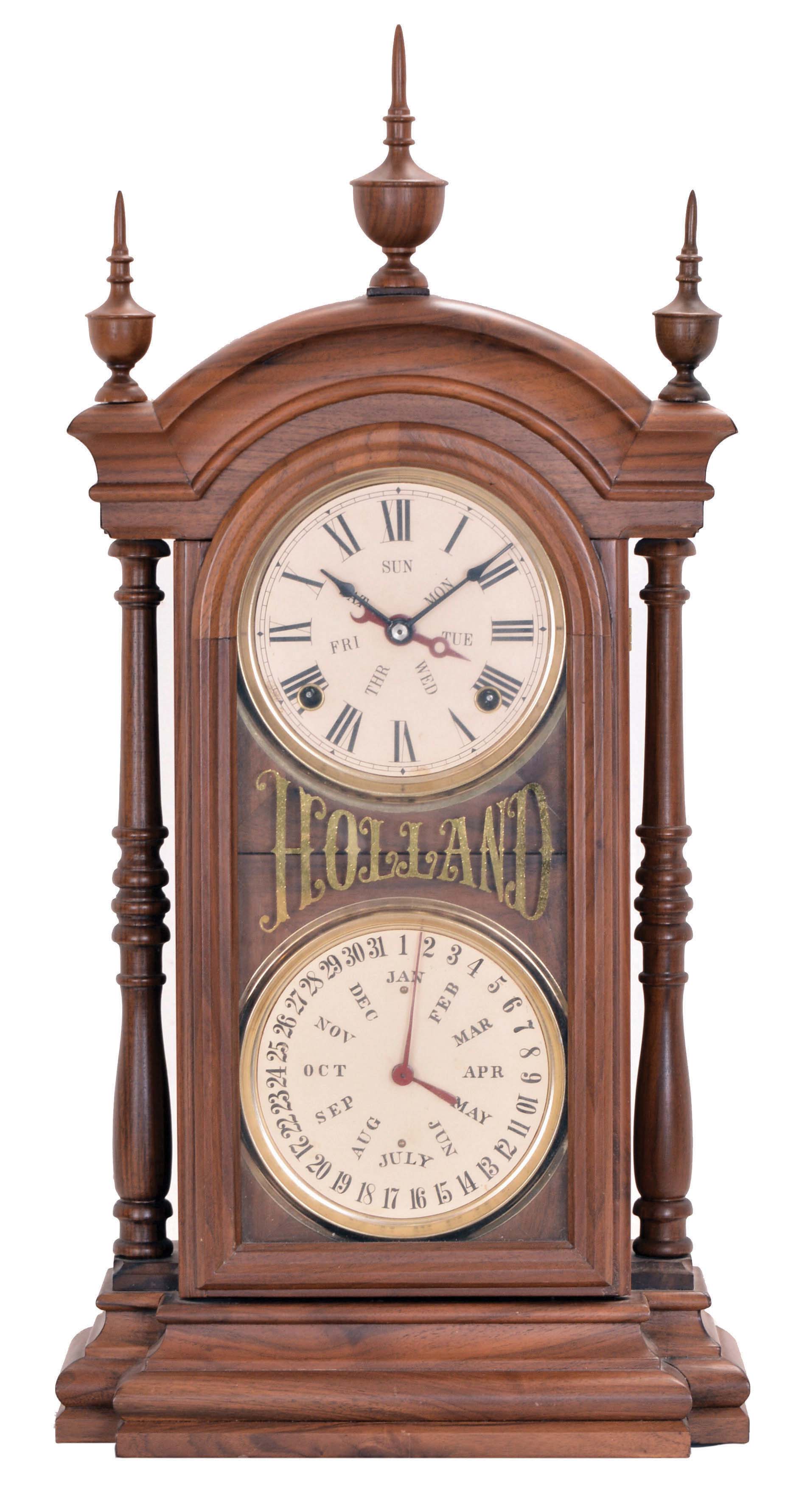 Charley Holland, Fort Smith, Arkansas, miniature Fashion shelf clock with a spring driven, 8 day time and half hour strike movement and perpetual calendar mechanism in a solid walnut case. — Antique Clocks Price Guide