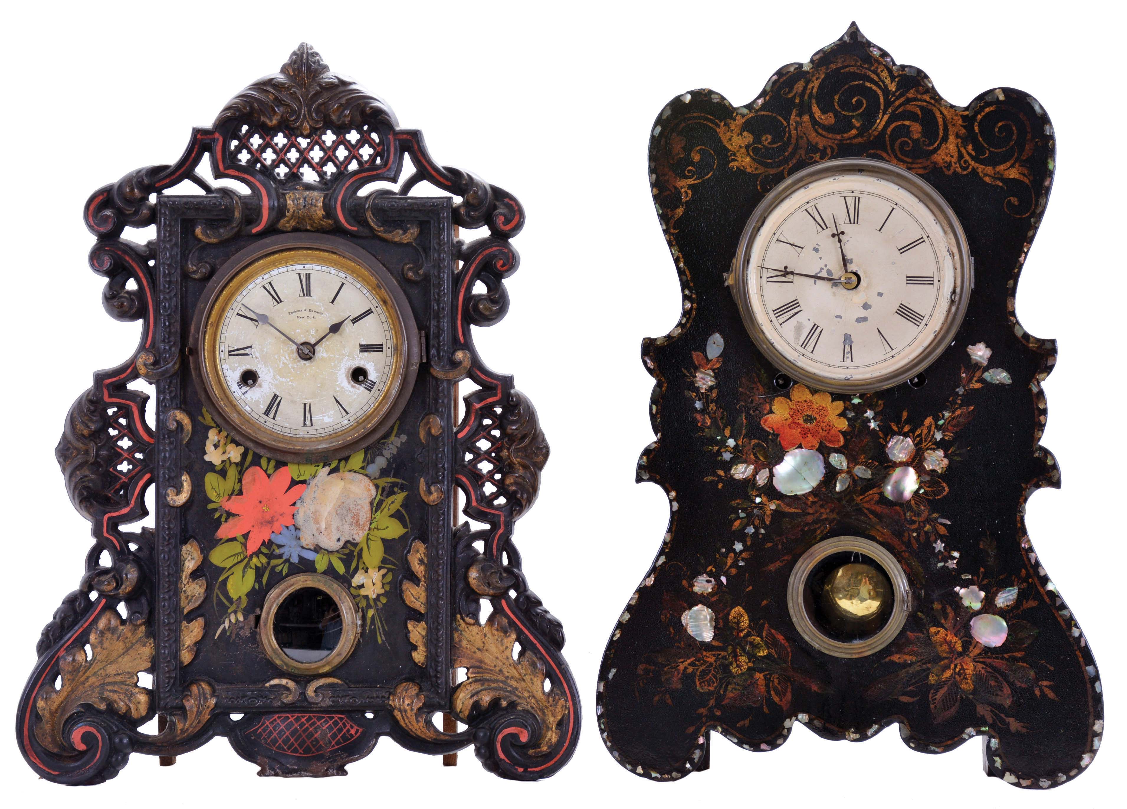 Clocks- 2 (Two): (1) Terhune & Edwards, New York, New York, 30 hour, time and strike spring driven movement iron front shelf clock, c1865; (2) Terhune & Botsford, New York, New York, 8 day, time and strike spring driven movement iron front with MOP shelf clock, c1850. — Antique Clocks Price Guide