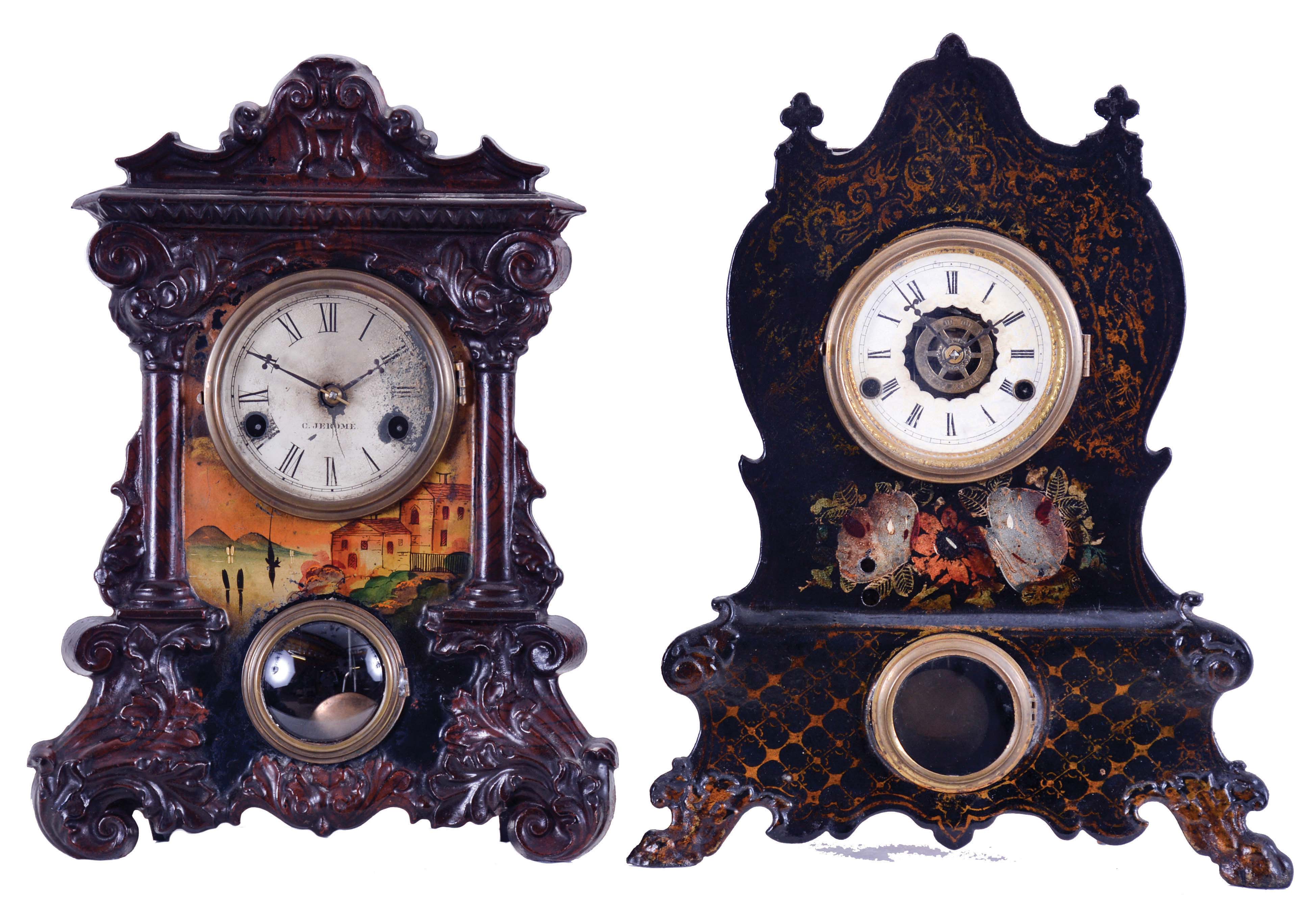 Clocks- 2 (Two): (1) Bradley & Hubbard, West Meriden, Conn., 30 hour, time and strike spring driven movement iron front shelf clock; (2) Chauncey Jerome, New Haven, Conn., 30 hour time and strike spring driven movement iron front shelf clock. — Antique Clocks Price Guide