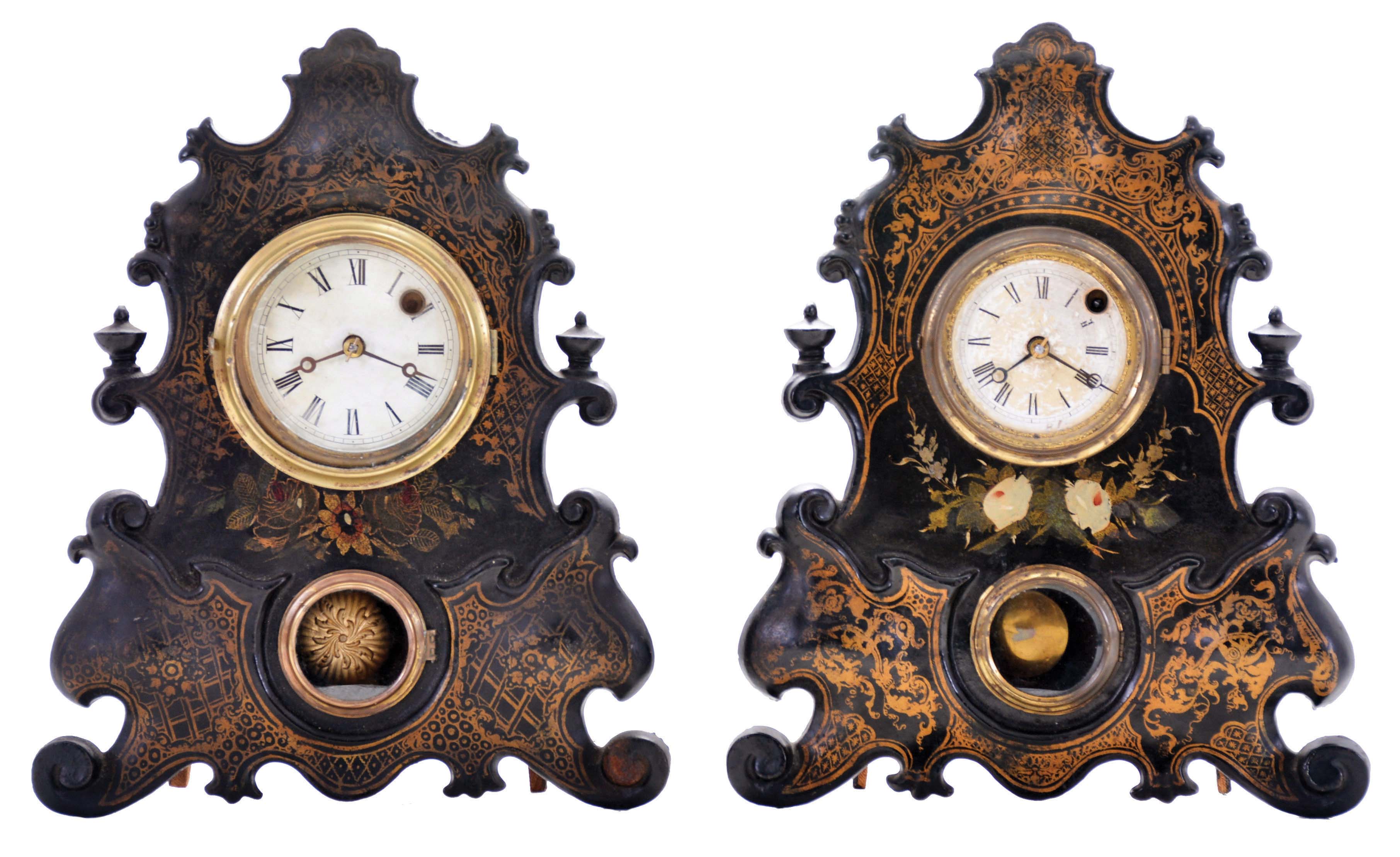 Clocks- 2 (Two): (1) Gilbert Mfg. Co., New York, shelf clock with a spring driven 30 hour timepiece movement in a cast iron case with gilt and painted design, c1860; (2) Unidentified shelf clock with a spring driven 30 hour timepiece movement in a cast iron case with gilt and painted design, c1860. — Antique Clocks Price Guide