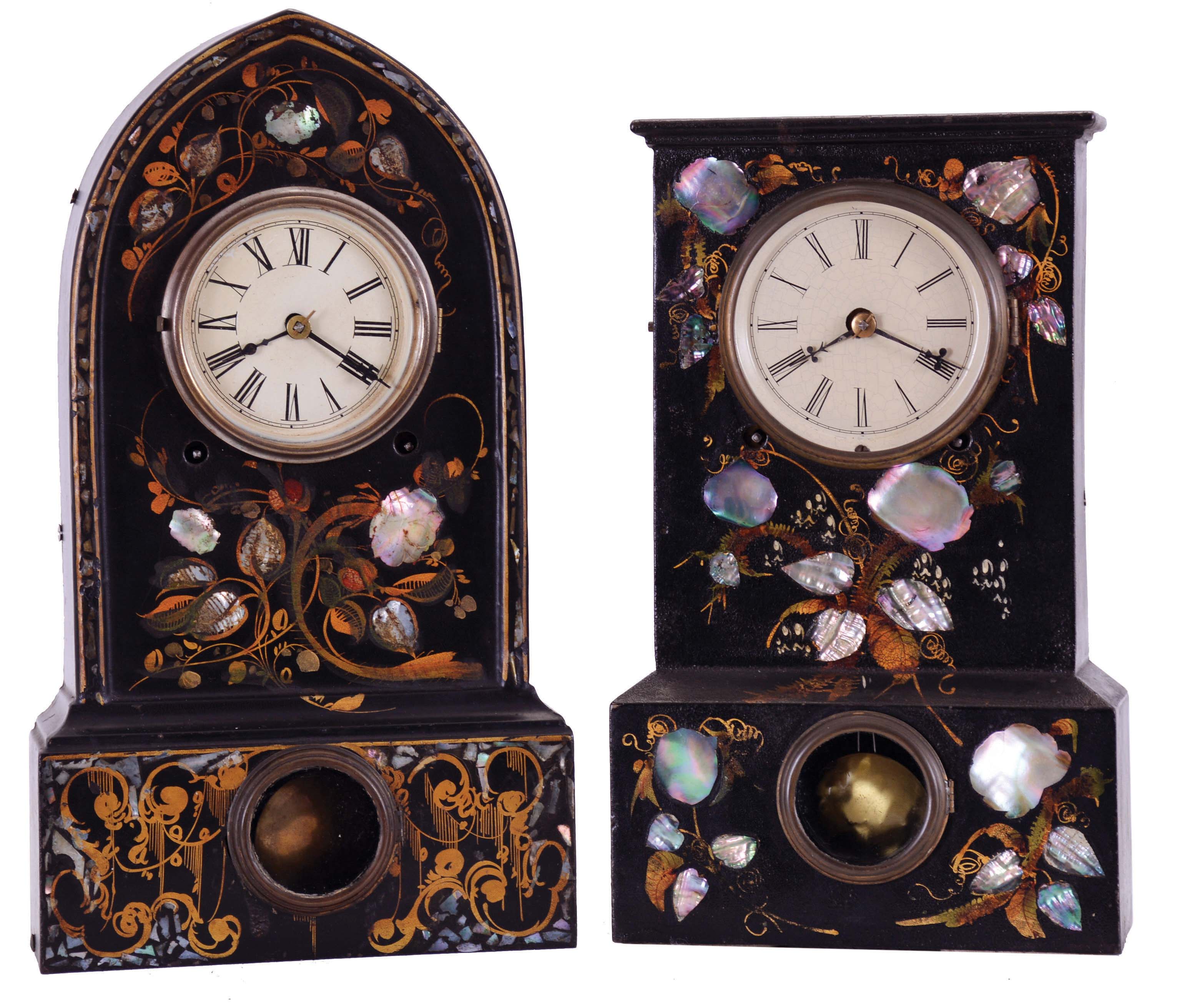 Clocks- 2 (Two): (1) Terry & Andrews, Bristol, Conn., 8 day, time and strike spring driven movement iron case with MOP shelf clock; (2) Terry & Andrews, Bristol, Conn., 8 day, time and strike spring driven movement iron case with MOP shelf clock. — Antique Clocks Price Guide