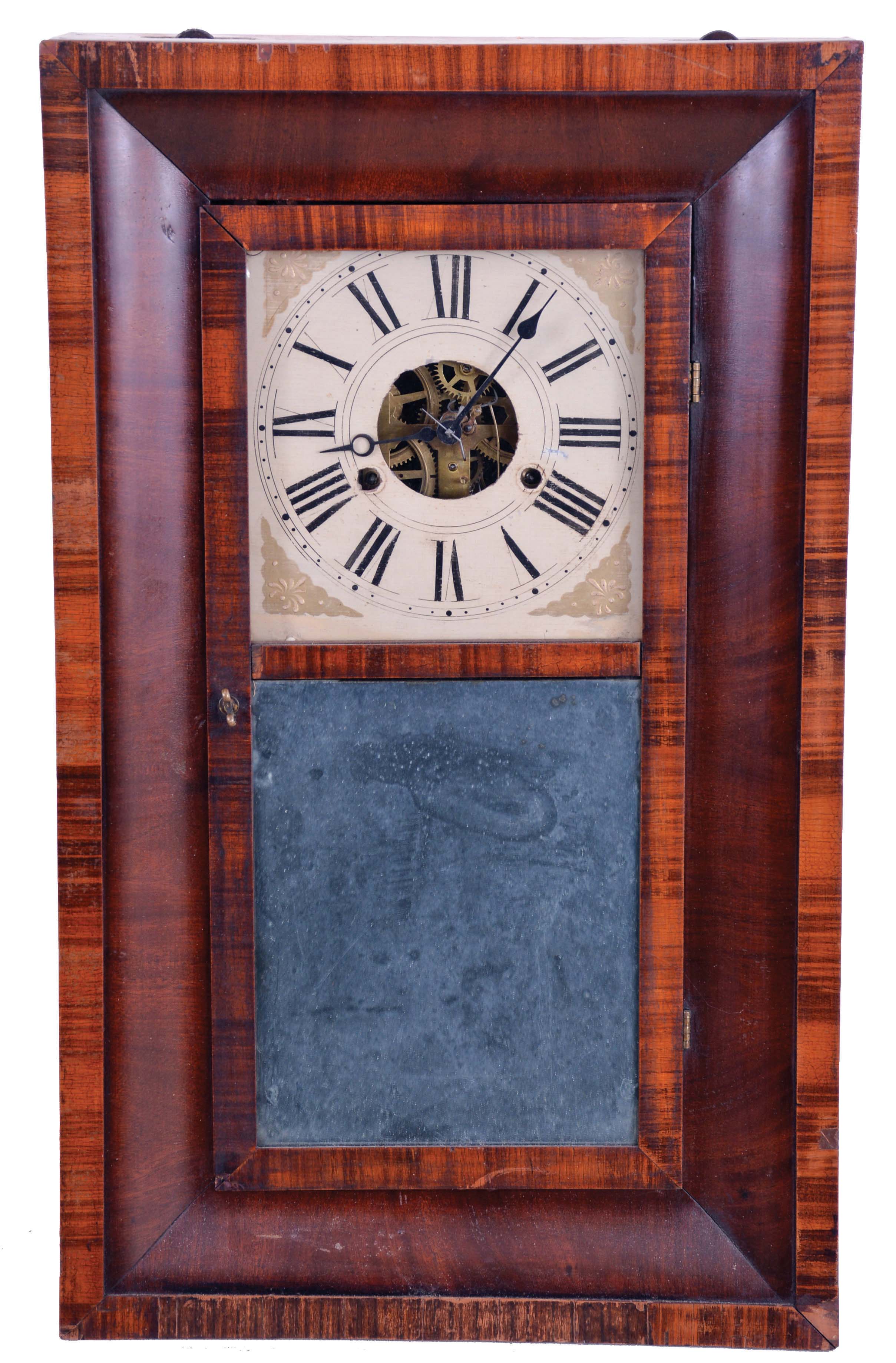 Clocks- 2 (Two): (1) E. Terry & Sons, Plymouth, Conn., 30 hour, time and strike weight wood movement pillar & scroll shelf clock, c1825; (2) New Haven Clock Co., New Haven, Conn., 30 hour, time and strike, weight driven brass movement OG shelf clock, c1855 — Antique Clocks Price Guide