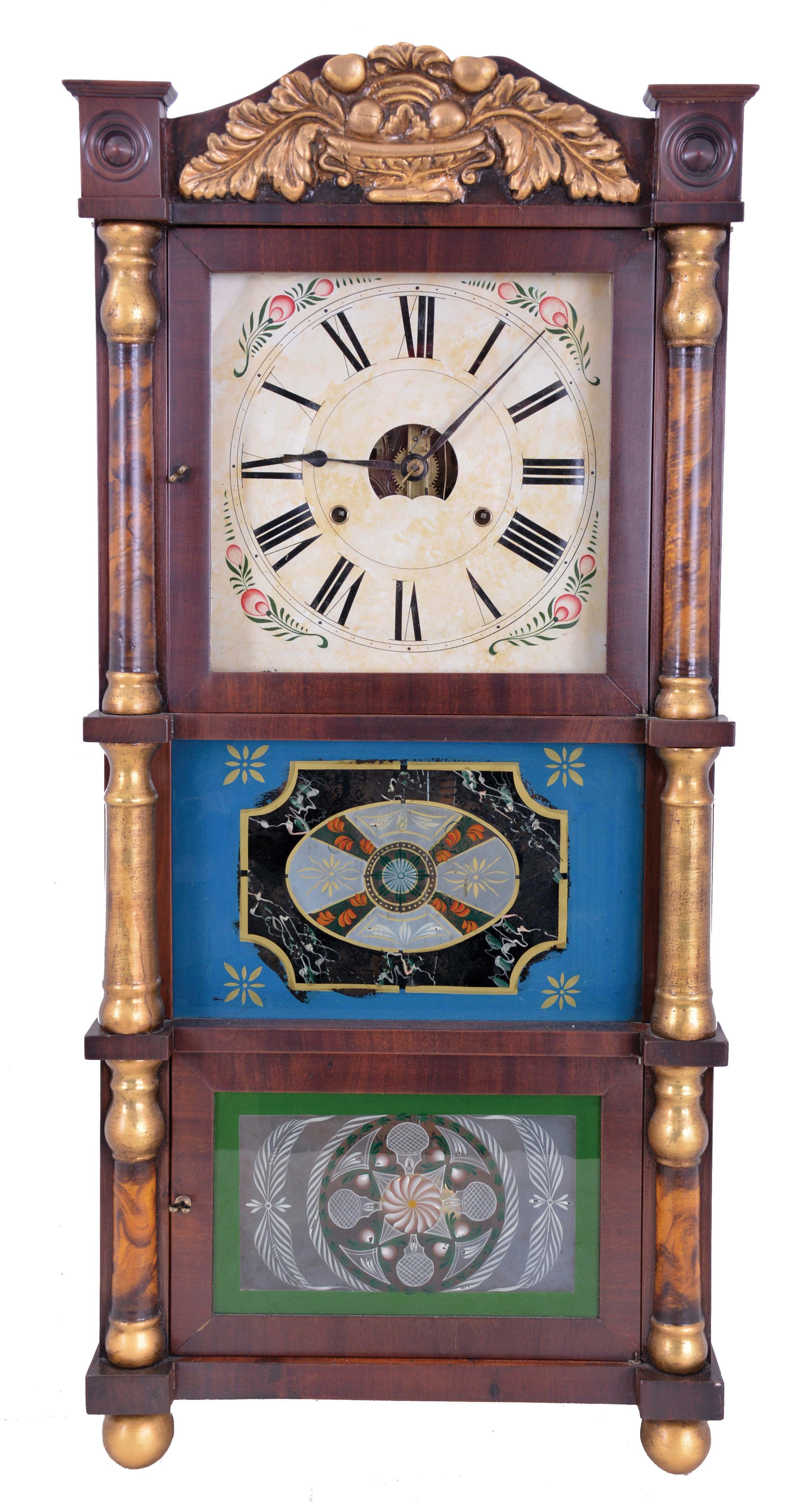 Birge, Peck & Co., Bristol, Conn., 8 day, time and strike, weight driven brass movement triple deck shelf clock. — Antique Clocks Price Guide