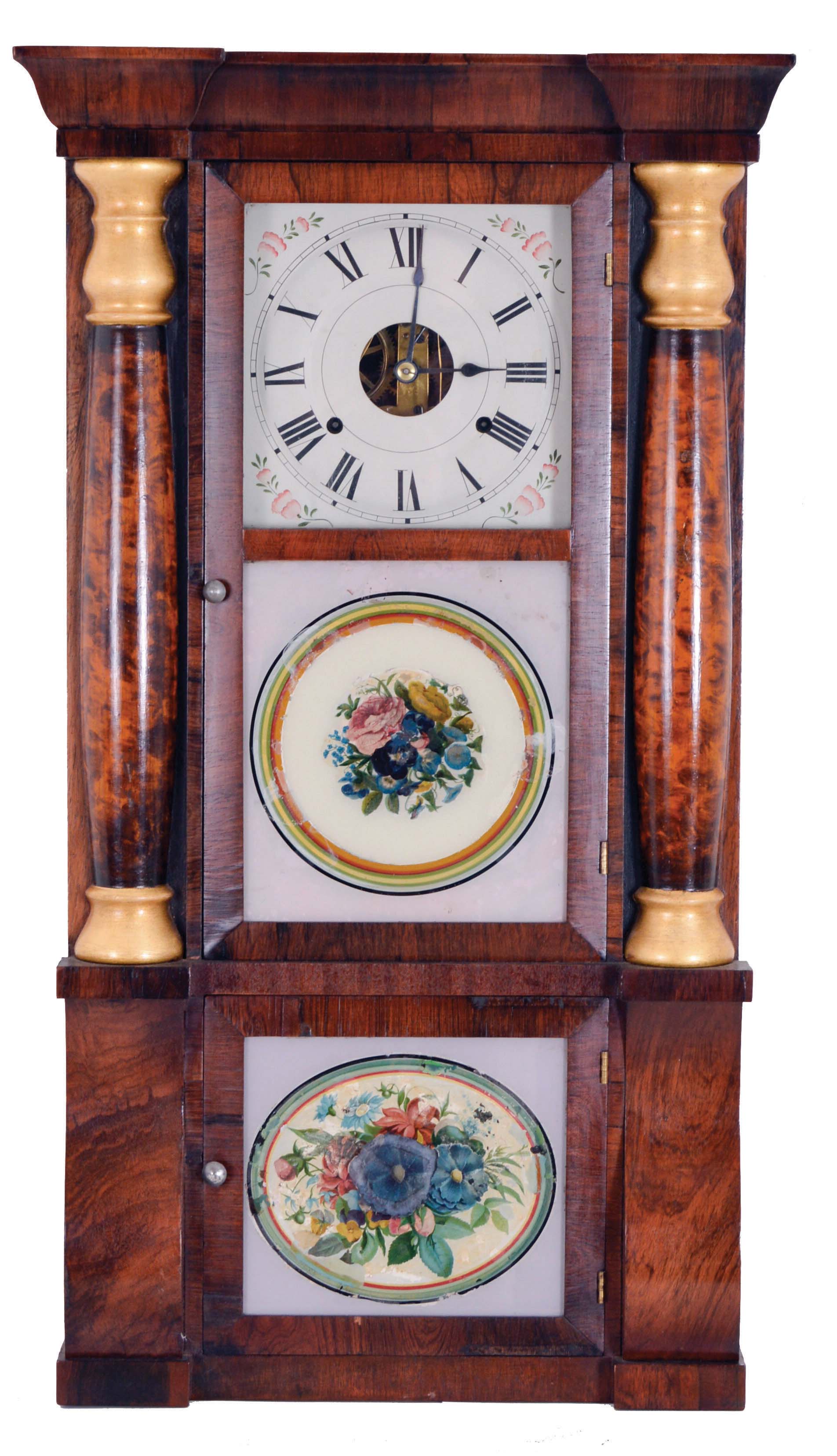Clocks- 2 (Two) Seth Thomas Clock Co., Thomaston, Conn., time and strike, weight driven brass movement shelf clock: (1) 8 day, column & cornice, c1875' (2) 30 hour OG shelf clock, c1870 — Antique Clocks Price Guide
