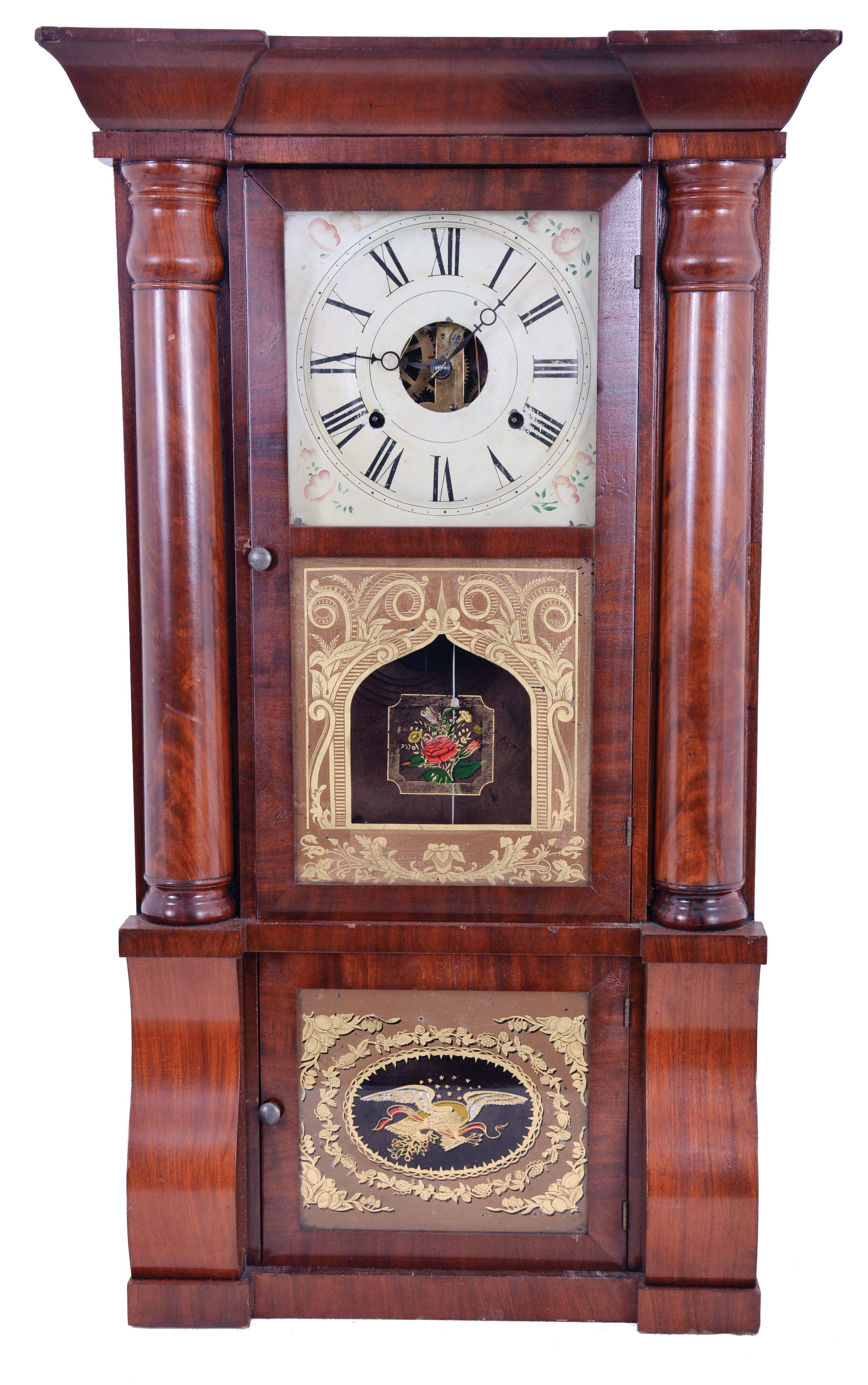 R. W. Patterson & Co., Toronto, Canada West, 8 day, time and strike, weight driven brass movement column & cornice shelf clock. This clock was made by Seth Thomas and sold by the Canadian retailer. — Antique Clocks Price Guide