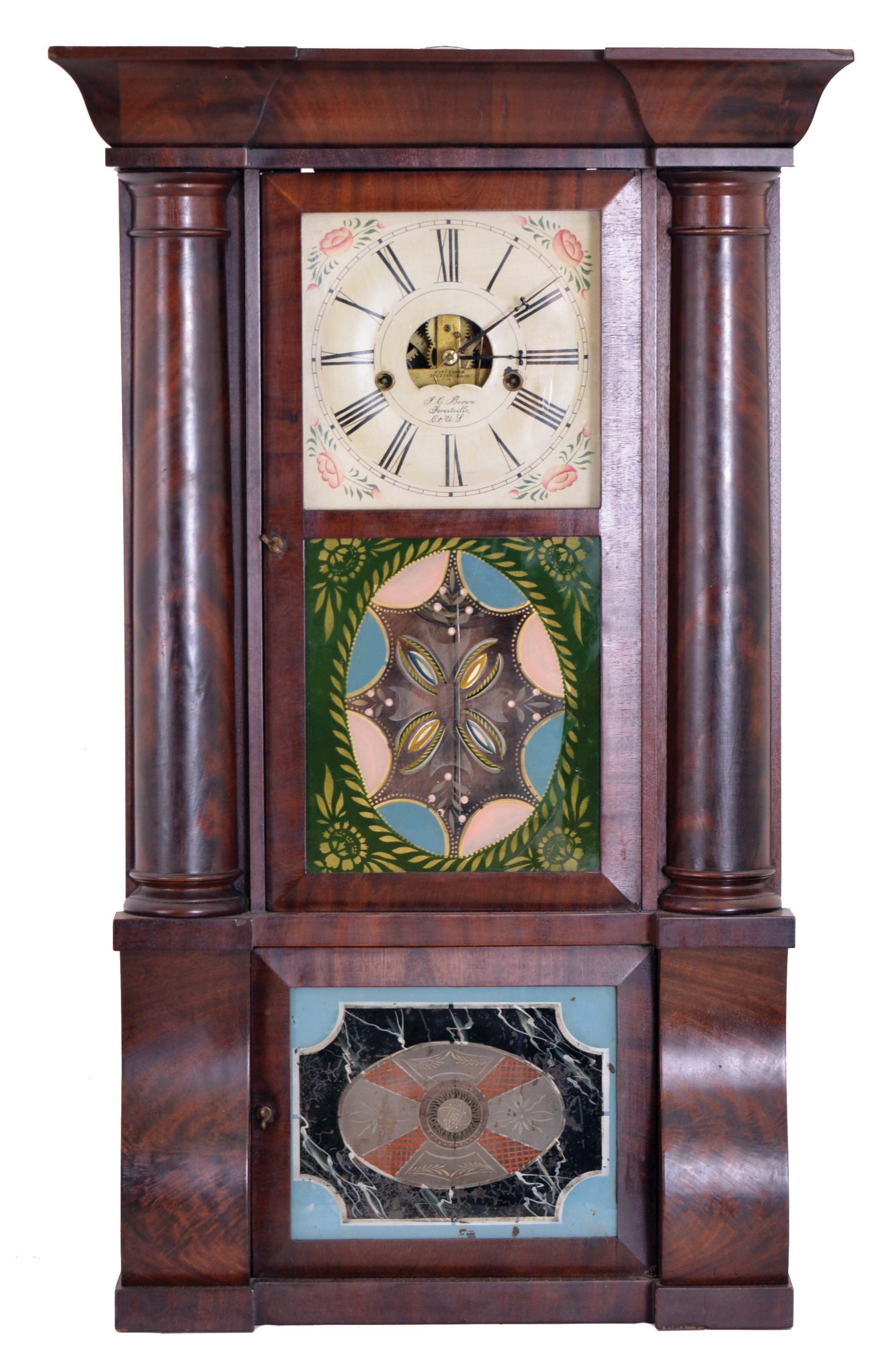 Forestville Manufacturing Co., (J. C. Brown), 8 day, time and strike, weight driven brass movement column & cornice shelf clock. — Antique Clocks Price Guide