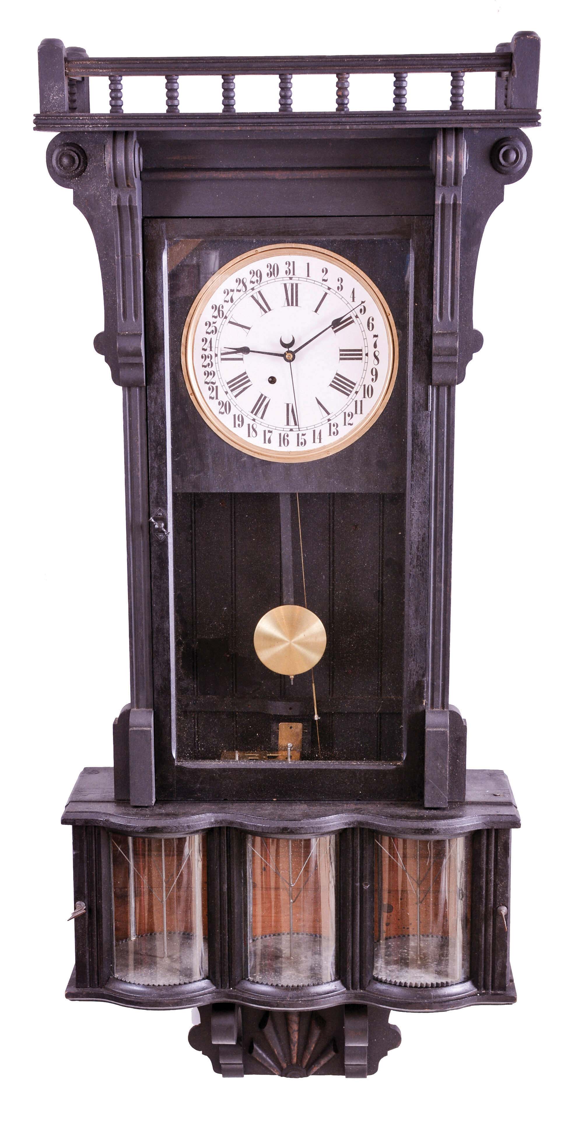 Sidney Advertising Clock Co., Sidney Otsego County, New York, huge "Advertising", wall clock, 8 day, time and calendar, spring driven movement in a soft wood case with a papered metal dial and a separate movement for rotating advertising canisters every five minutes. — Antique Clocks Price Guide