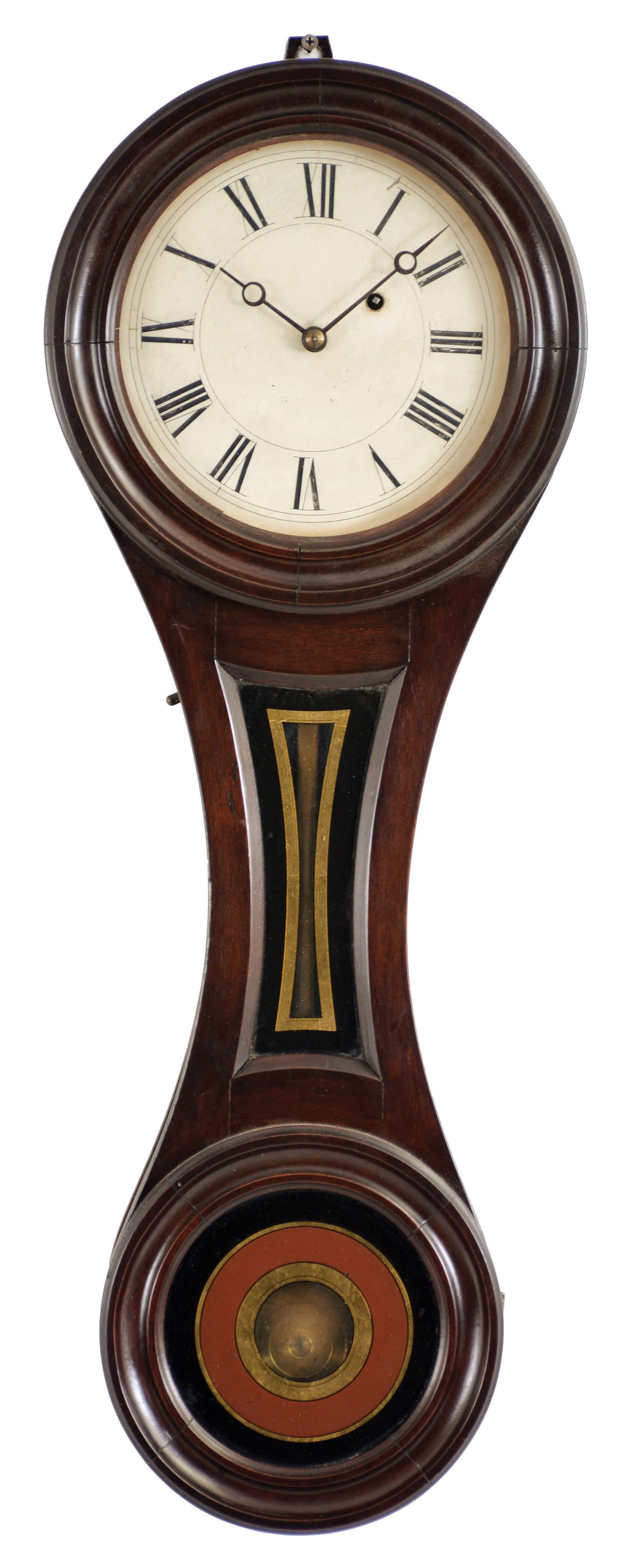 E. Howard & Co., Boston, Mass., "Regulator No. 10", walnut "figure eight" style case with turned wooden bezel and lower door, reverse painted glasses in black, red, and gold, signed, Roman numeral painted dial with blued steel moon hands, and 8 day, weight driven timepiece movement — Antique Clocks Price Guide