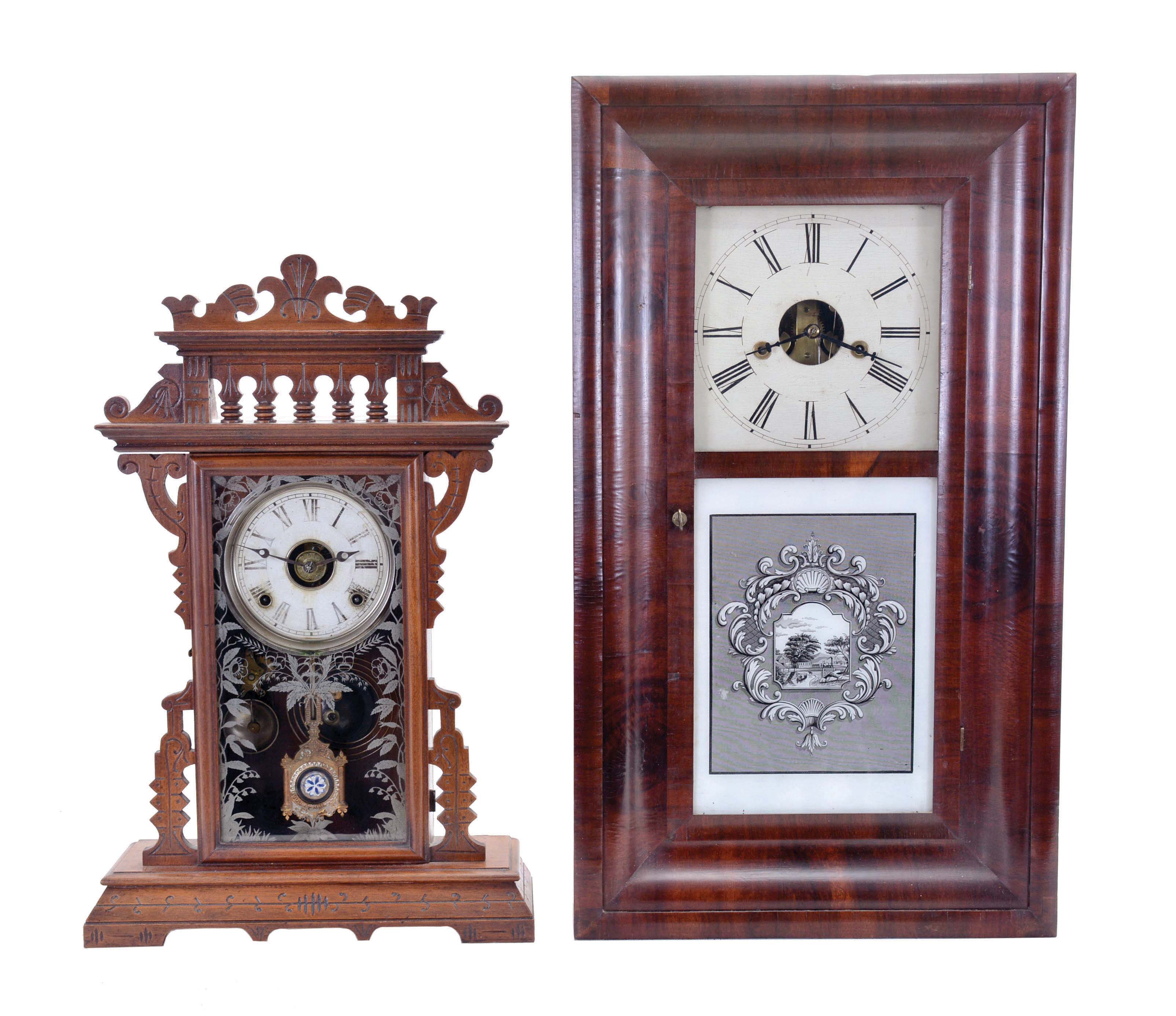 Clocks- 2 (Two): (1) E. N. Welch Mfg. Co., Forestville, Conn., "Falka", 8 day, time and strike spring driven movement shelf clock, c1885; (2) Forestville Mfg. Co., (J. C. Brown), Forestville, Conn., 8 day, time and strike, weight driven brass movement OG shelf clock, c1845 — Antique Clocks Price Guide