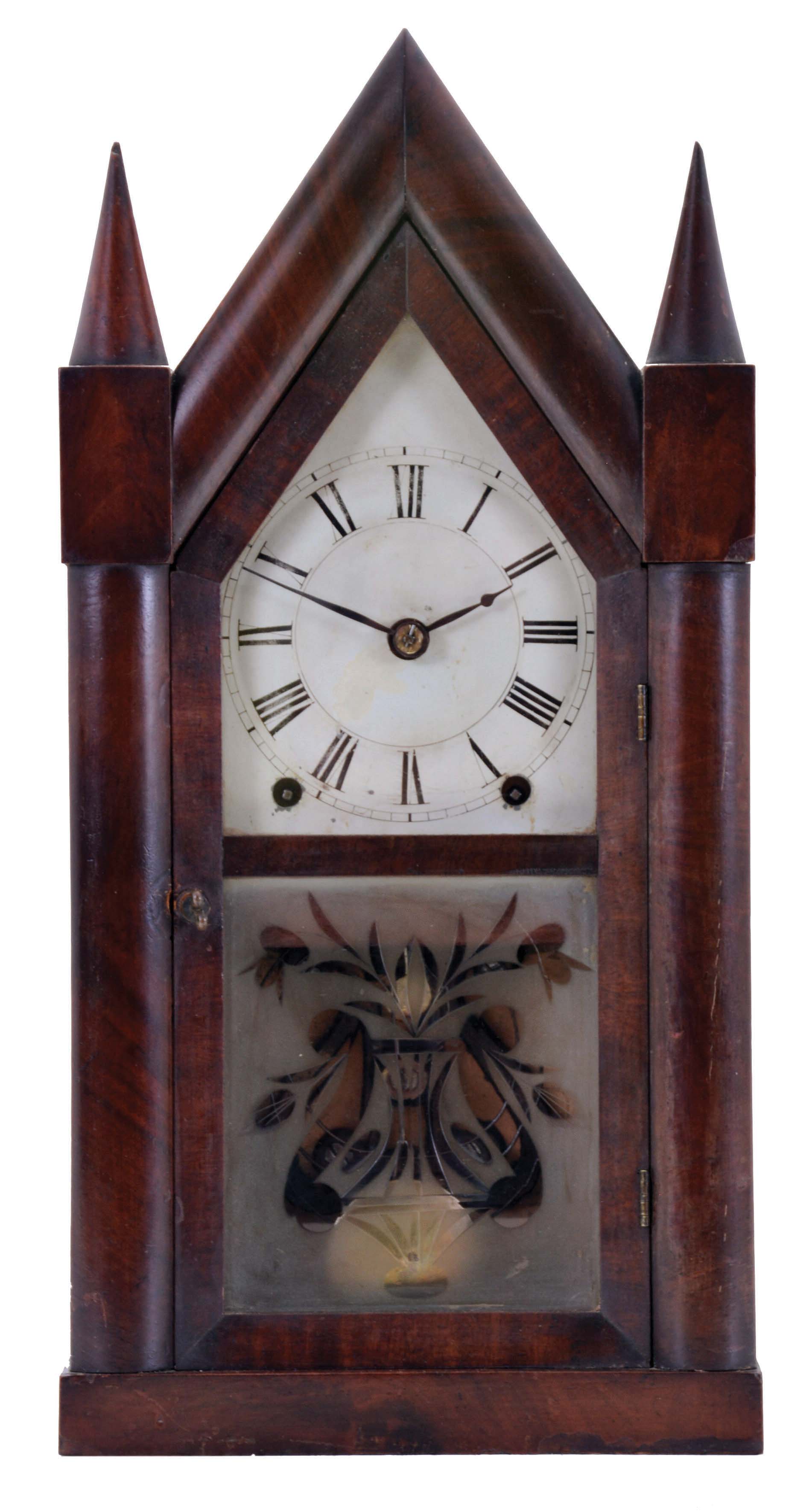 Brewster and Ingrahams, Bristol, Conn., 8 day, time and strike spring driven, Kirk's patent Sharp Gothic or steeple clock. — Antique Clocks Price Guide