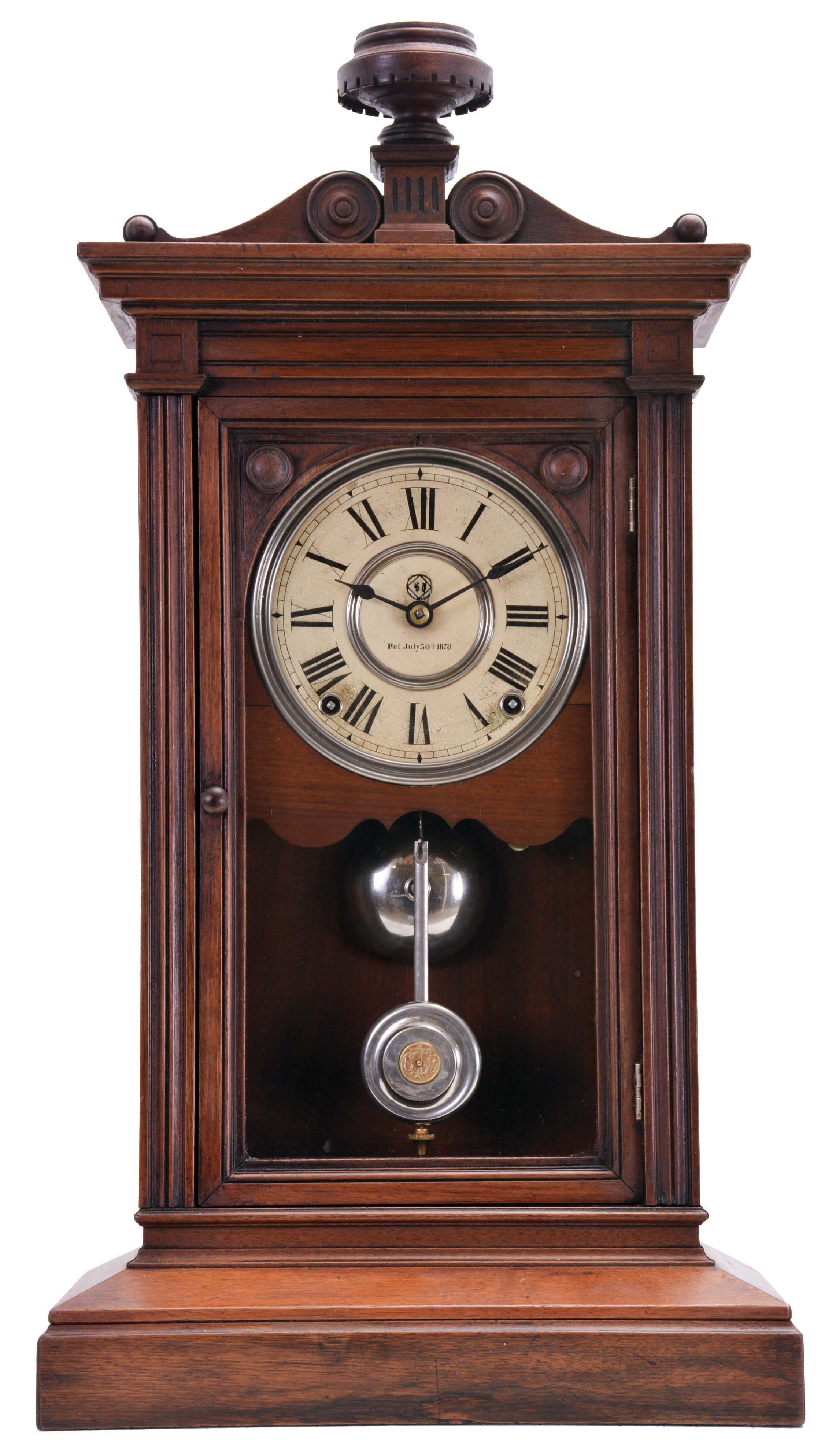 Seth Thomas Clock Co., Thomaston, Conn., "Greek" shelf clock with a spring driven, 8 day, time and strike, lyre movement in a walnut case. — Antique Clocks Price Guide