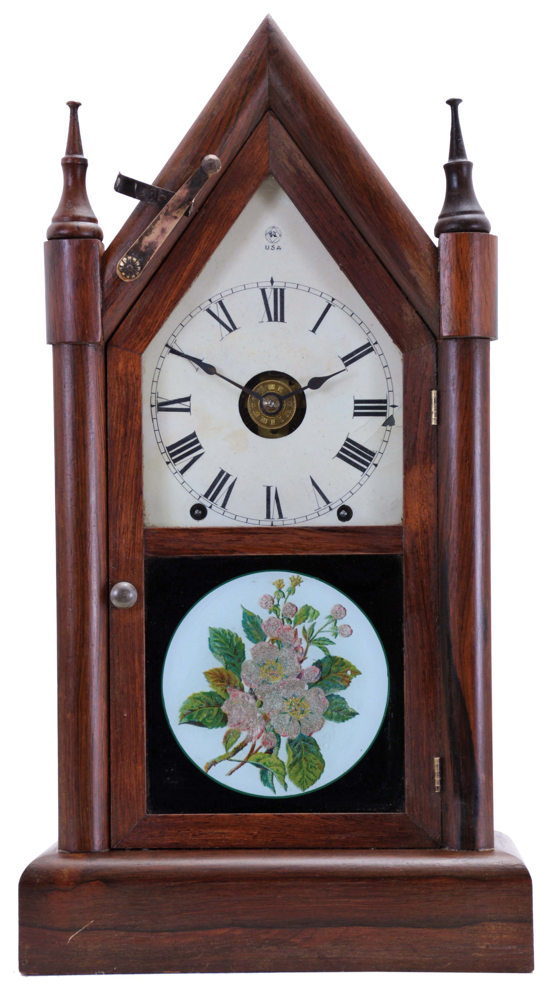 Seth Thomas Clock Co., Thomaston, Conn., "Sharp Gothic" shelf clock with a spring driven, 8 day time, strike and alarm movement with a Winward's (English) Patent Alarm mechanism in a rosewood veneered case. — Antique Clocks Price Guide