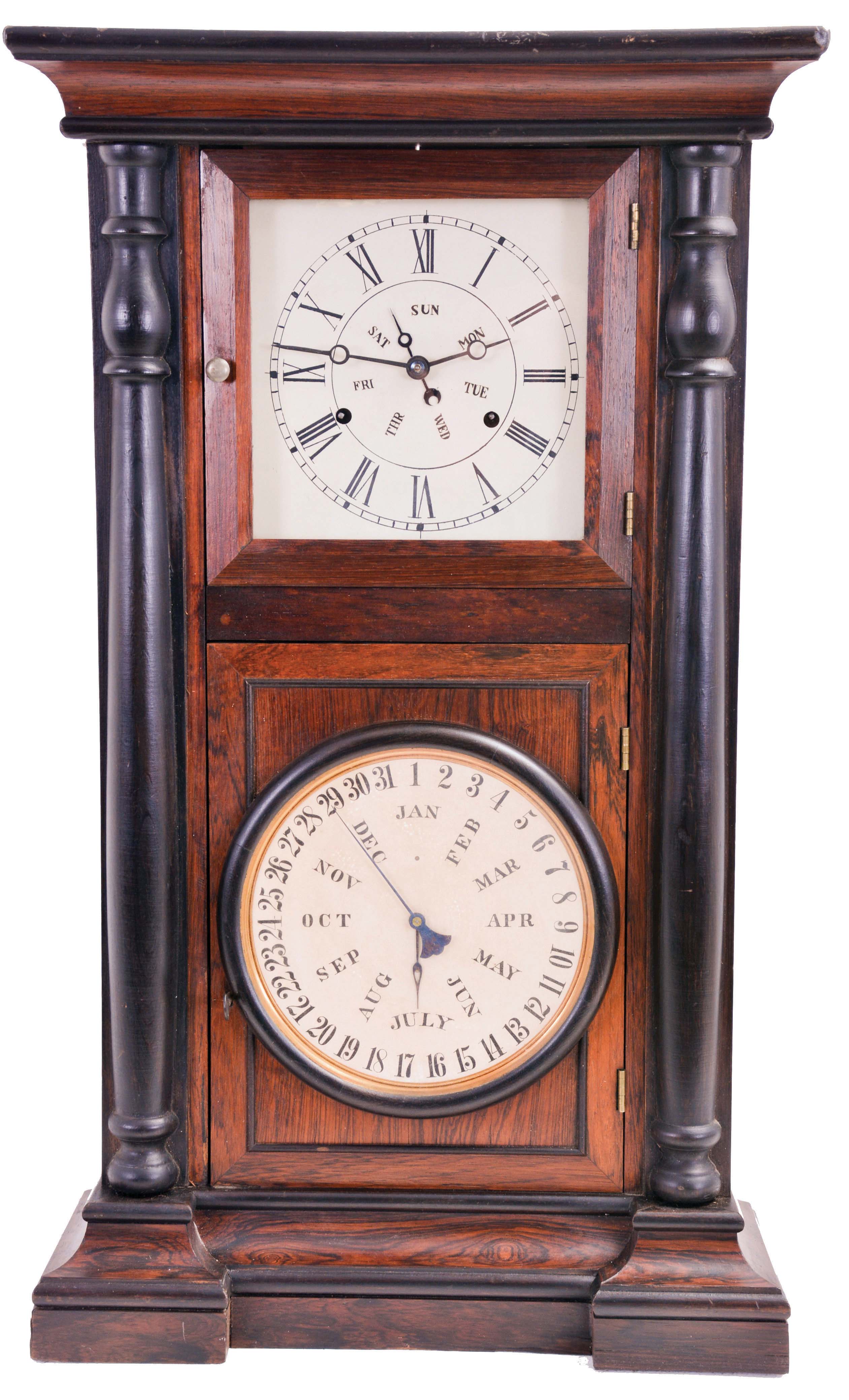 Welch, Spring & Co., Forestville, Conn., "No. 3 Mantel Calendar" shelf clock with a weight driven 8 day, time and strike movement with a B. B, Lewis perpetual calendar mechanism in a rosewood veneered case. — Antique Clocks Price Guide