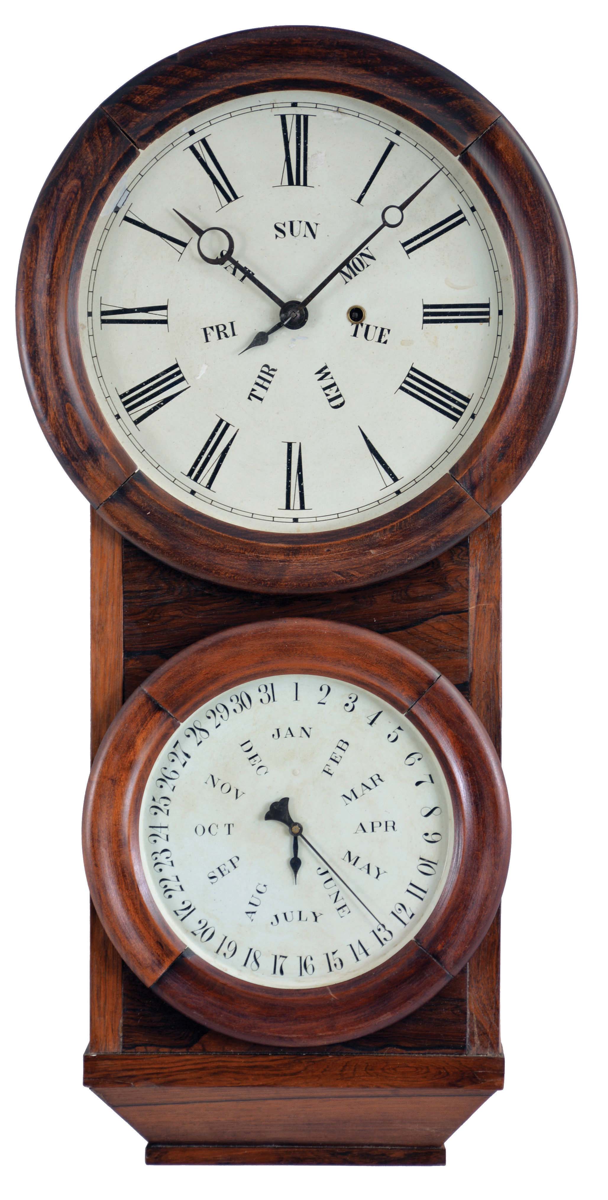 L. F. & W, W. Carter, Bristol, Conn. hanging double dial calendar clock with a spring driven, 8 day timepiece movement and B. B. Lewis perpetual calendar mechanism in a rosewood veneered case. — Antique Clocks Price Guide