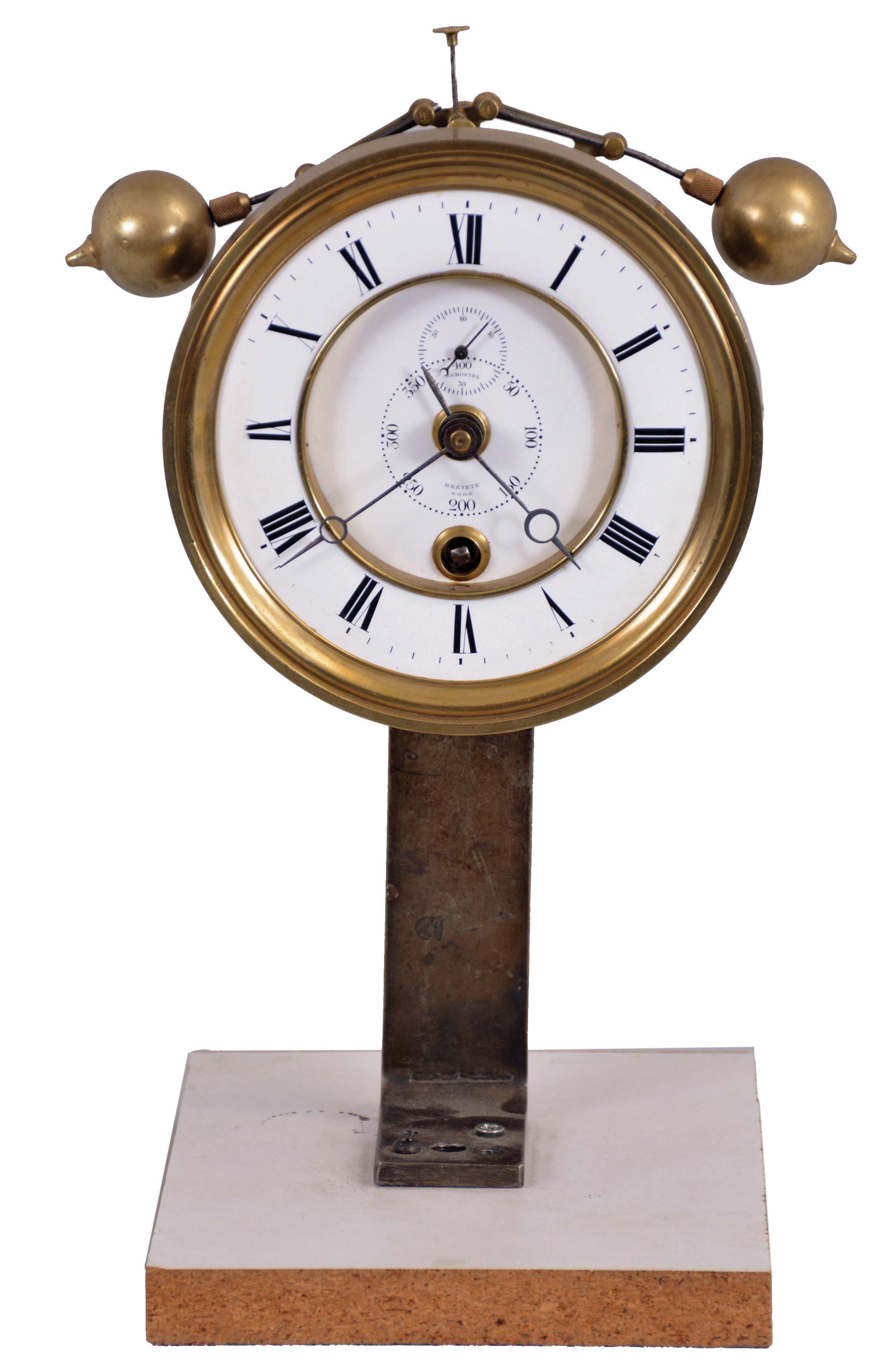 Boutteville a Paris, a year going clock movement with equipoise pendulum, Roman numeral white enamel dial with sunk center, the recessed panel with seconds bit and wind indicator, blued steel Breguet style hands, brass movement with round plates and Leroux deadbeat escapement, with purpose made base — Antique Clocks Price Guide