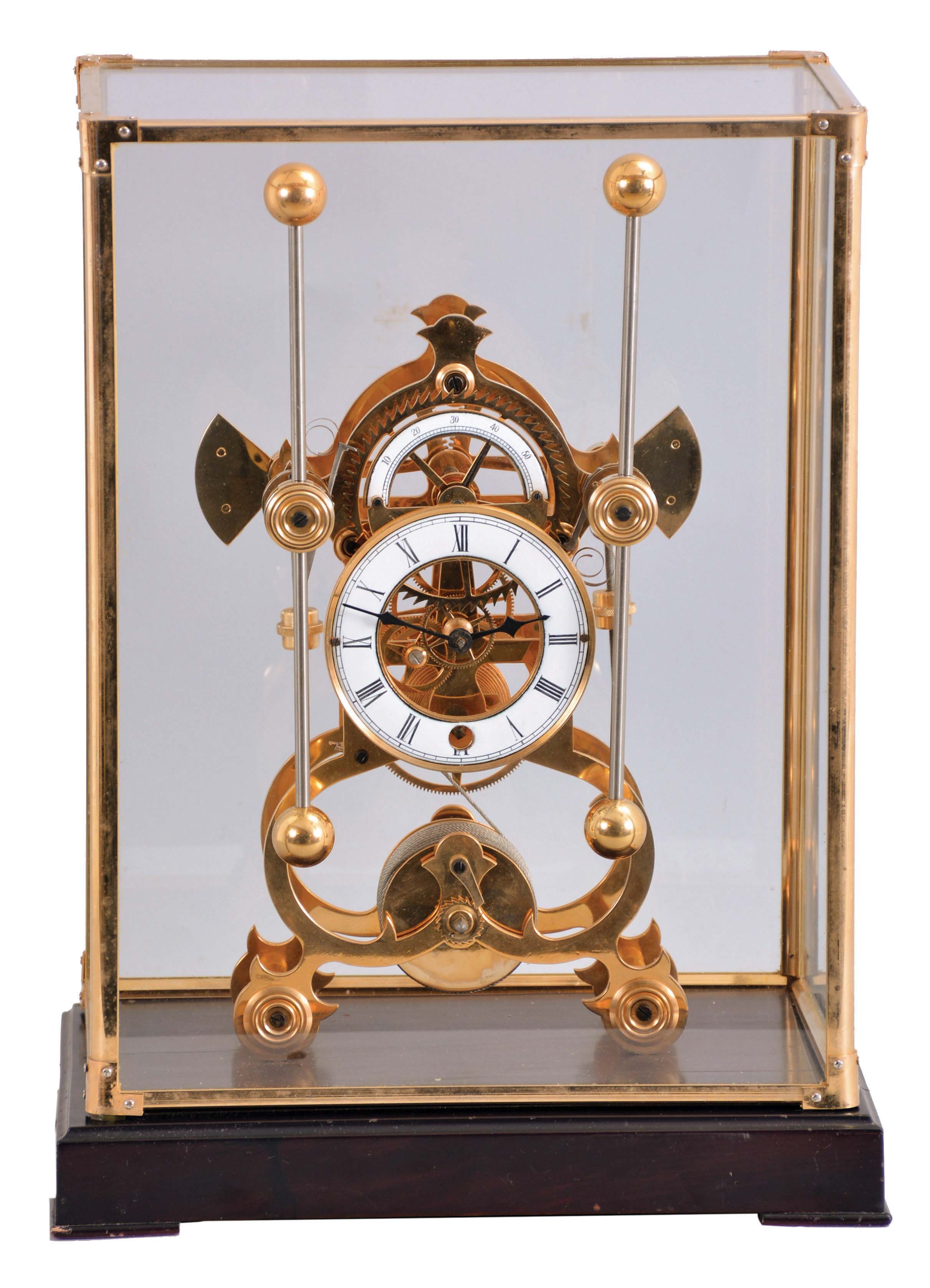 Asian brass reproduction of Harrison H1 marine clock, grasshopper escapement, 8 days, time only, with fusee, porcelain chapter ring, stained wood base, glass and brass cover; late 20th century — Antique Clocks Price Guide