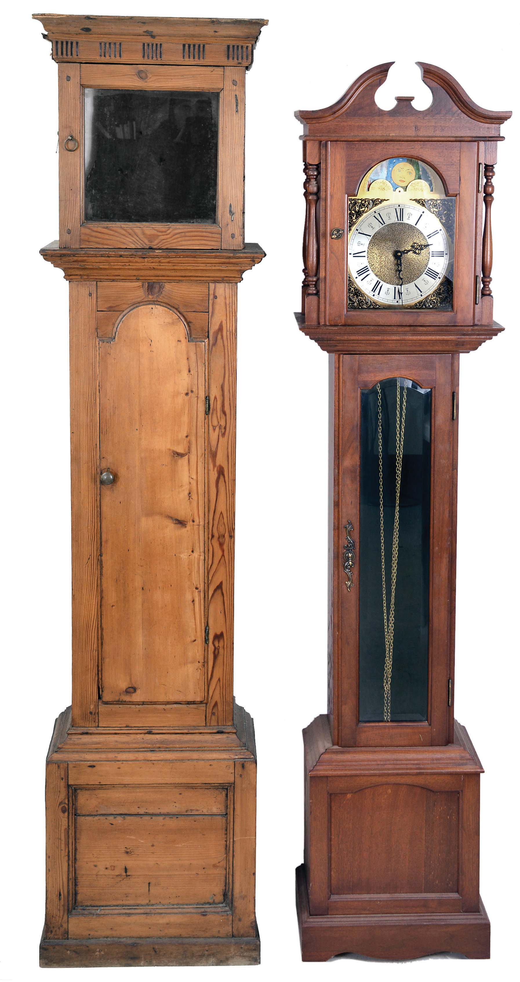 Tall clock, 8 day, time, strike and chime with modern German movement in walnut case, circa late 20th century including a tall clock pine case (only) circa 18th century — Antique Clocks Price Guide