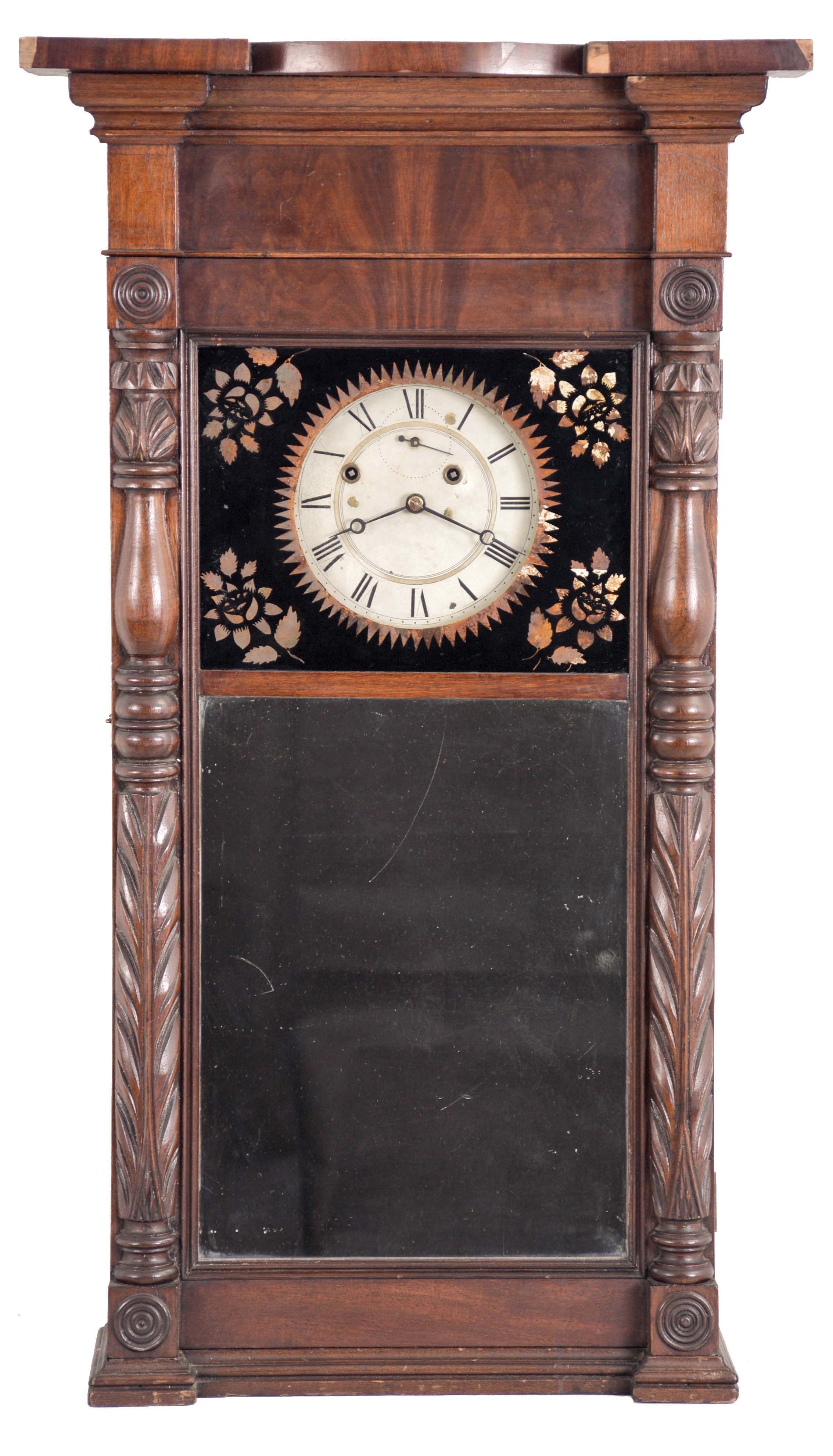 Munger & Benedict, Auburn, New York, 8 day, time and strike, weight driven brass movement ironing board top wall clock. — Antique Clocks Price Guide