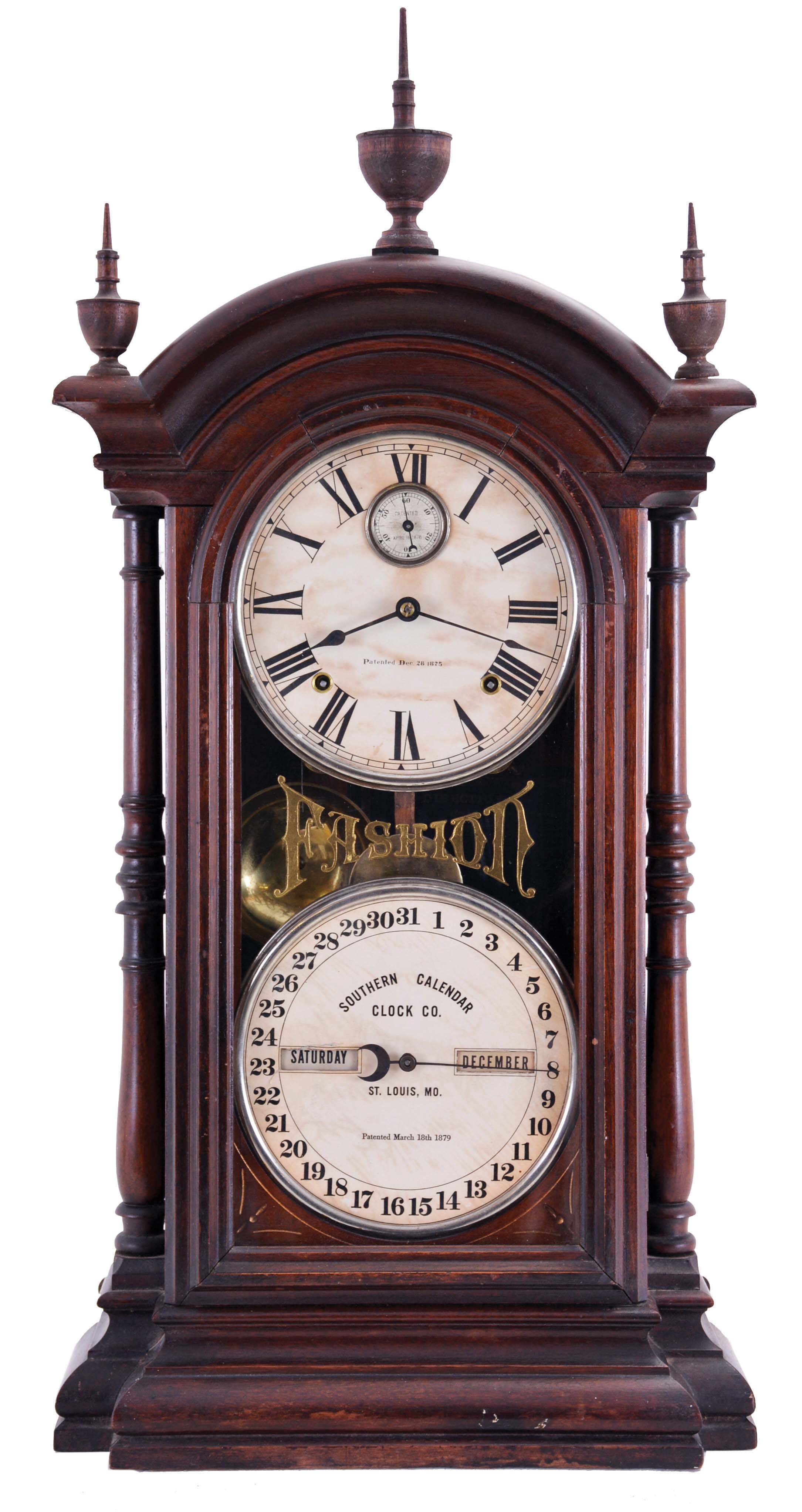 Southern Calendar Clock Co., St. Louis, Mo., "Fashion No. 4" shelf clock with a spring driven Seth Thomas 8 day, time and strike movement with an R. T. Andrews perpetual calendar mechanism in a walnut case, — Antique Clocks Price Guide