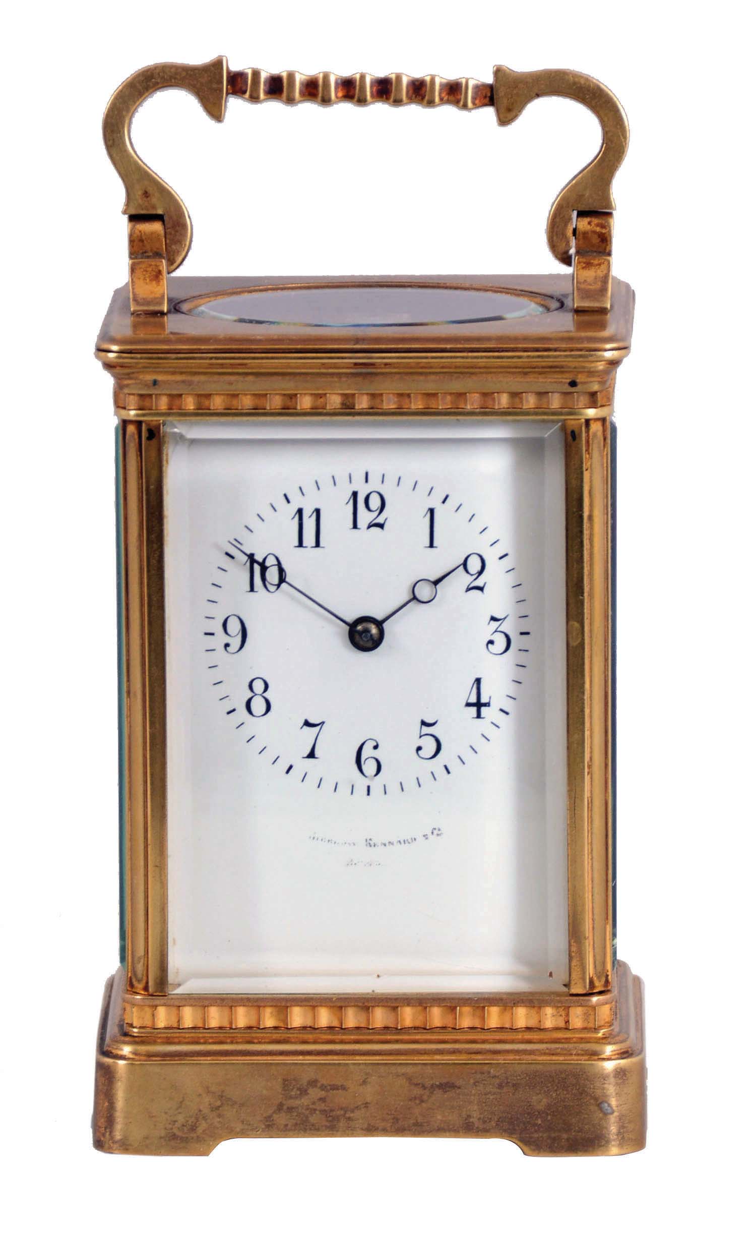France, for Bigelow, Kennard, & Co., Boston, striking carriage clock, the gilt Corniche variant case with narrow fluted band above base and below cornice, Arabic numeral white enamel dial, blued steel Breguet style hands, 8 day striking movement with lever platform, sounding the hour and half hour in passing — Antique Clocks Price Guide