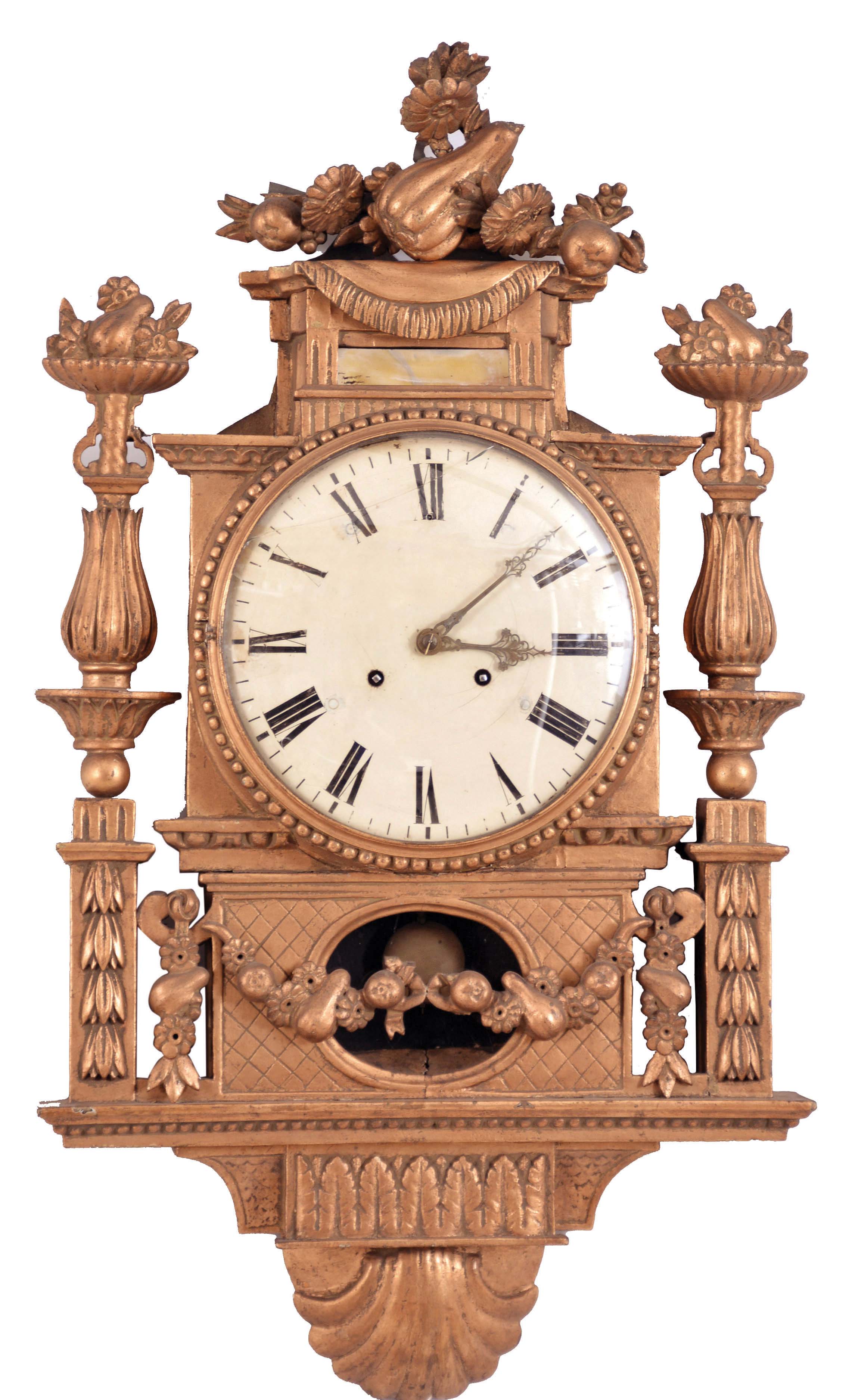 Sweden, a large, carved and gilt cartel clock, the case decorated with classically inspired ornament, Roman numeral white painted dial with cast brass bezel, ornate pierced and chased hands, spring powered, 8 day, time and strike movement with silk thread suspension — Antique Clocks Price Guide