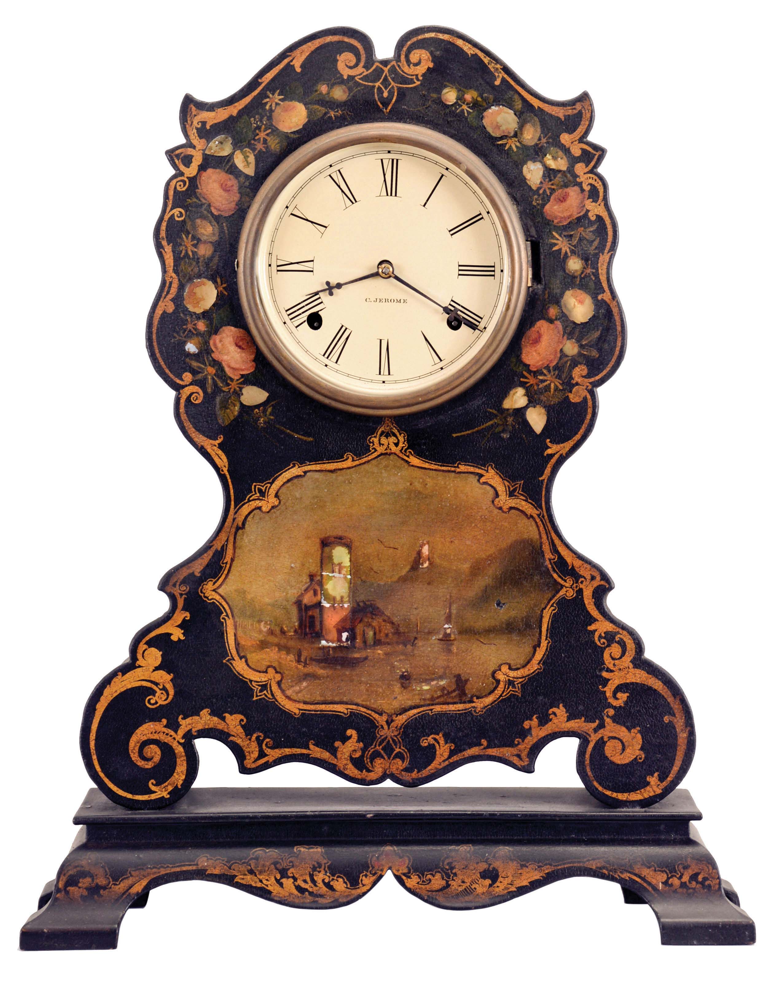 Chauncey Jerome, New Haven, Conn., papier mache shelf or mantel clock, the case made by the Litchfield Manufacturing Co., with ebonized ground, decorated with mother of pearl and trimmed with gilt scrolls and leafage, polychrome painted floral garlands surrounding the Roman numeral white painted dial, above a landscape scene featuring a shoreline with buildings, boats, and a mountainous background, the case resting on an integral, ogee molded bracket base, with matching decoration, blued steel club style hands, 8 day brass, spring driven time and strike movement, dial and movement signed — Antique Clocks Price Guide