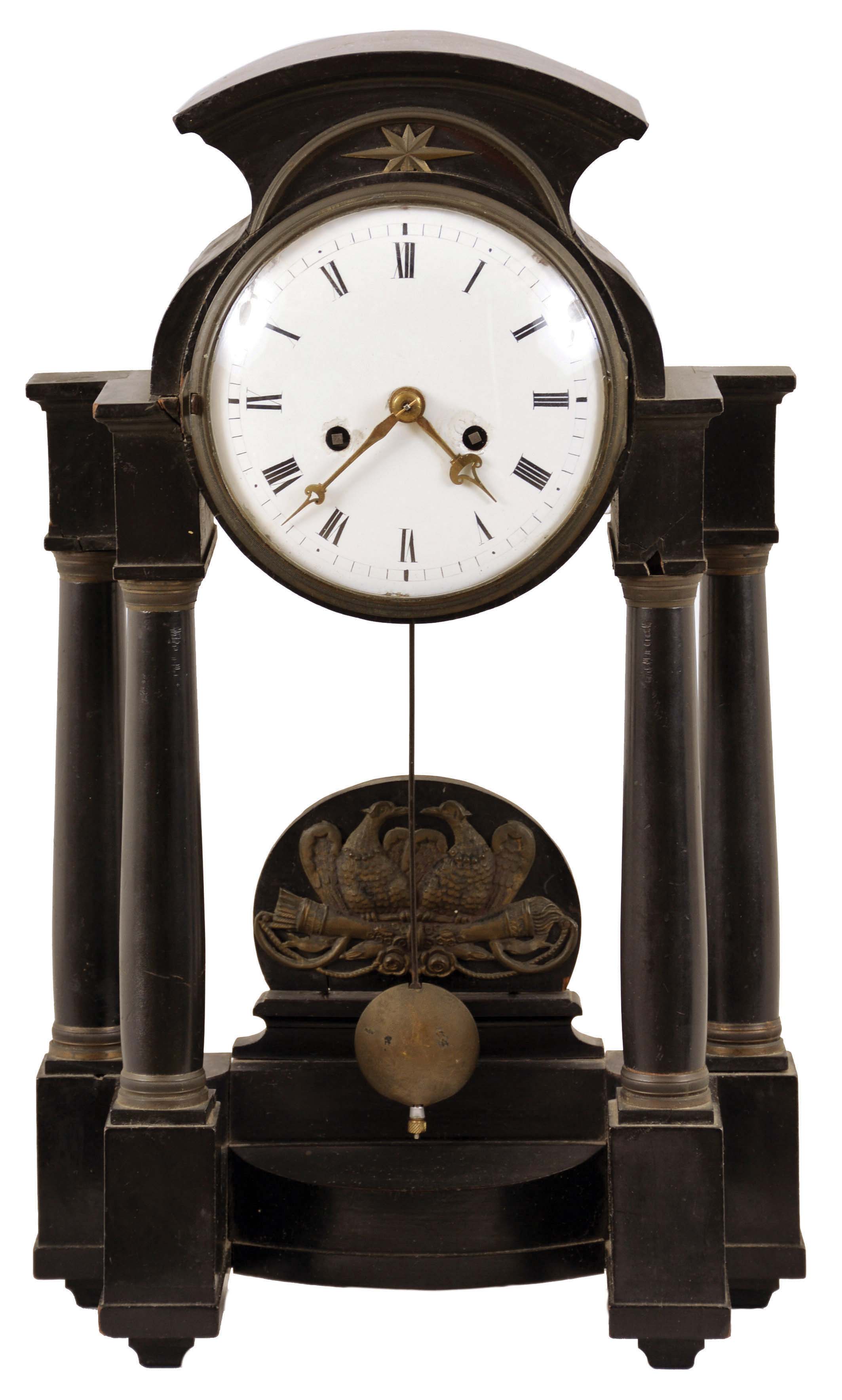 Ch. A. Schwamkrug, probably Austria, a high quality shelf or mantel clock, ebonized, hardwood portico style case with stamped brass ornaments, Roman numeral white enamel dial, nicely finished pierced and chamfered brass hands, two day time and strike movement with round plates, half deadbeat escapement, adjustable agate pallets, silk thread suspension, and well finished cadrature striking the hour and half hour on a gong, and repeating the hour on demand, movement back plate signed — Antique Clocks Price Guide