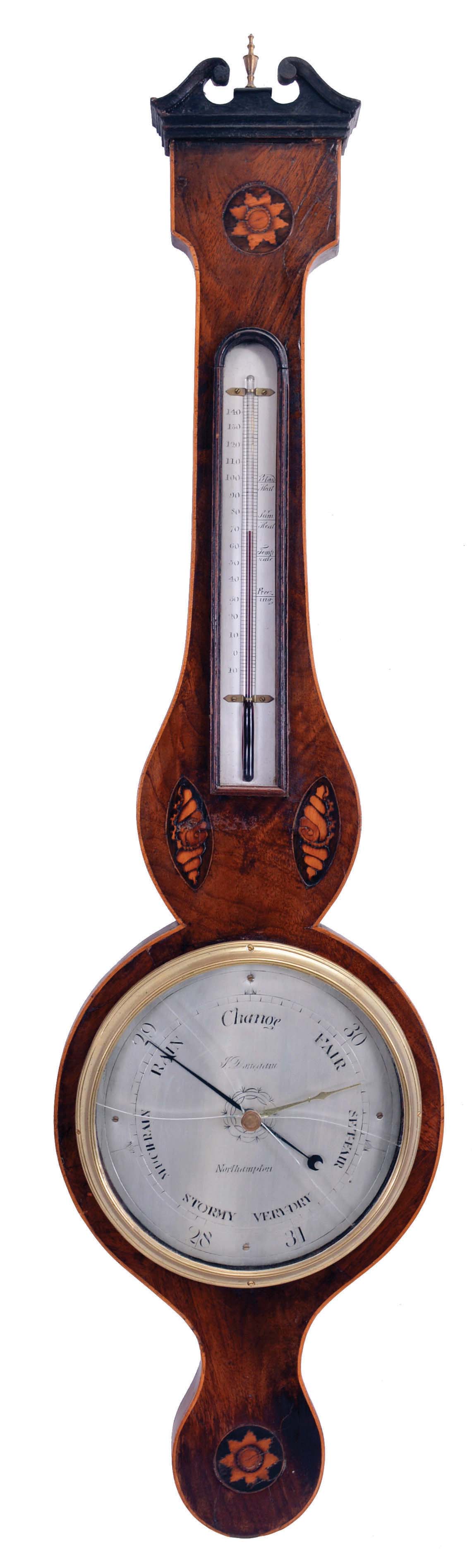 Barometers- 3 (Three) English Barometers: (1) English, banjo or wheel barometer signed "C. Marinone & Bardoli" with inlayed mahogany case and mercury thermometer; (2) English, banjo or wheel barometer signed "J. Donegani, Northampton with alcohol thermometer with a book matched mahogany case with inlays; (3) English, banjo or wheel barometer with alcohol thermometer, hygrometer, and spirit level in walnut case. — Antique Clocks Price Guide