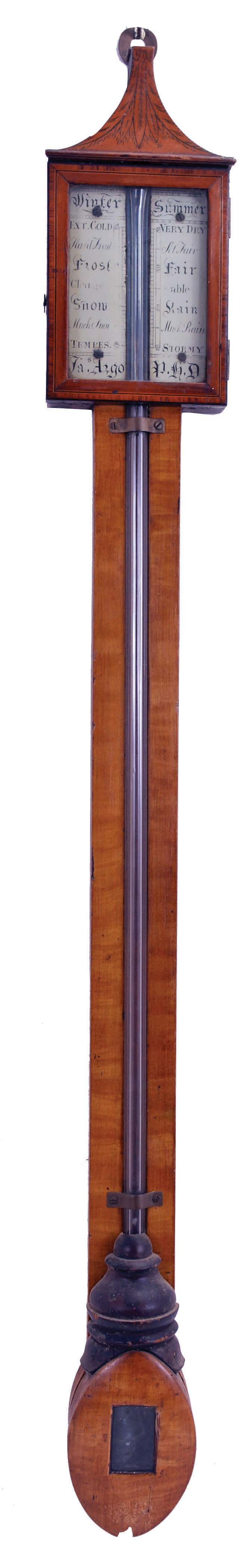 English stick barometer with pagoda top signed "Jas. Argo, Ph.D. with inlaid door, grain painted case, and painted metal dial, c1800. — Antique Clocks Price Guide