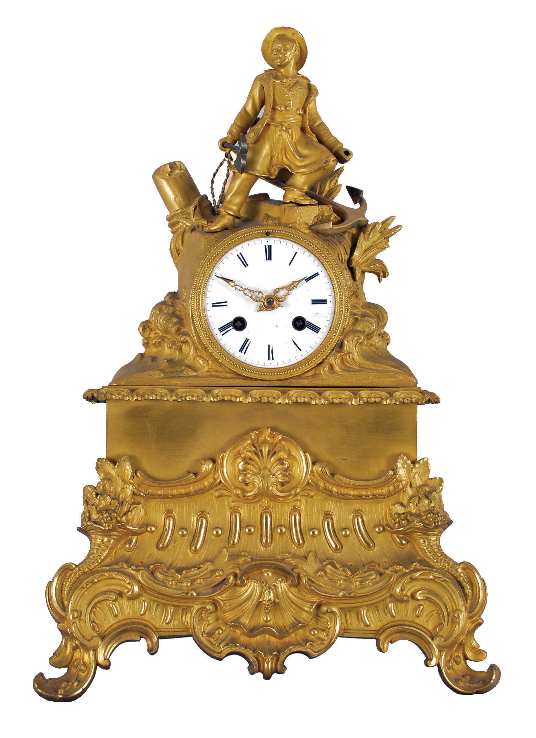 French figural, 8 day, time and strike mantel clock, count wheel and bell, spring driven movement with silk thread suspension in a gilt brass and spelter case depicting a sailor figure. — Antique Clocks Price Guide