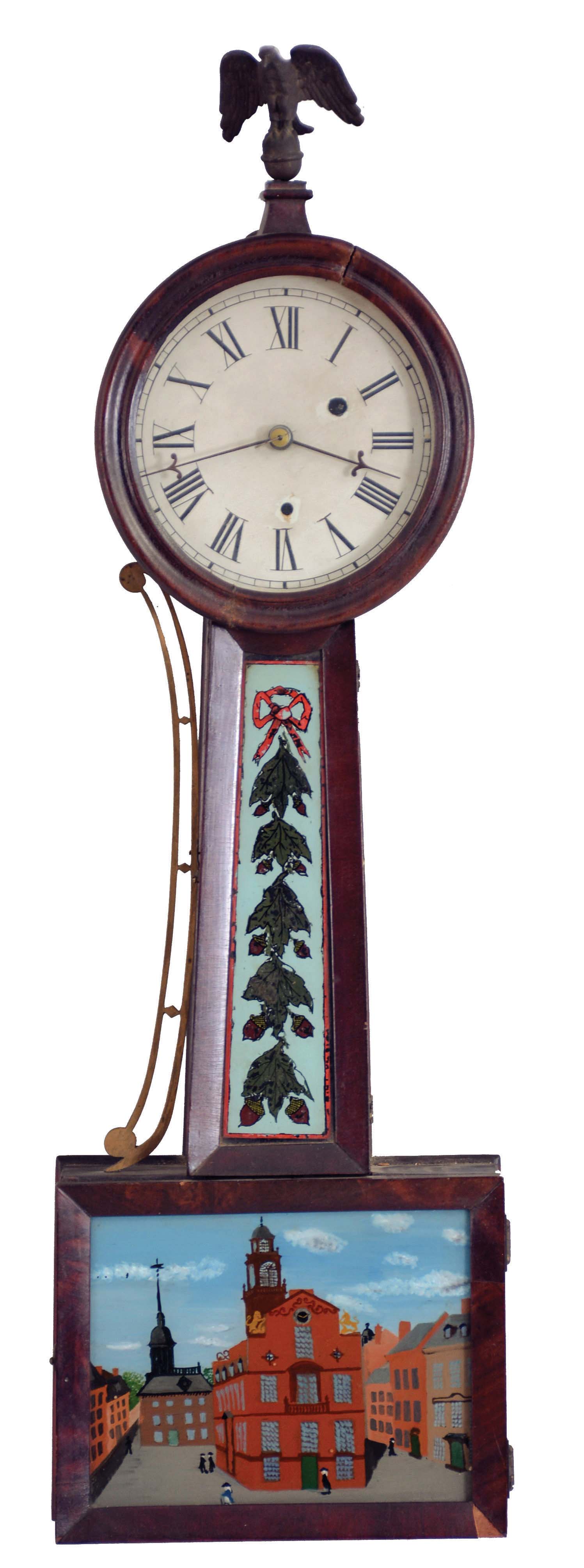 Clocks- 2 (Two): (1) Unknown, Massachusetts, 8 day, weight driven, brass movement Patent or banjo timepiece. (2) Unknown, Massachusetts, 8 day, weight driven, brass movement Patent or banjo timepiece in gilt case. — Antique Clocks Price Guide