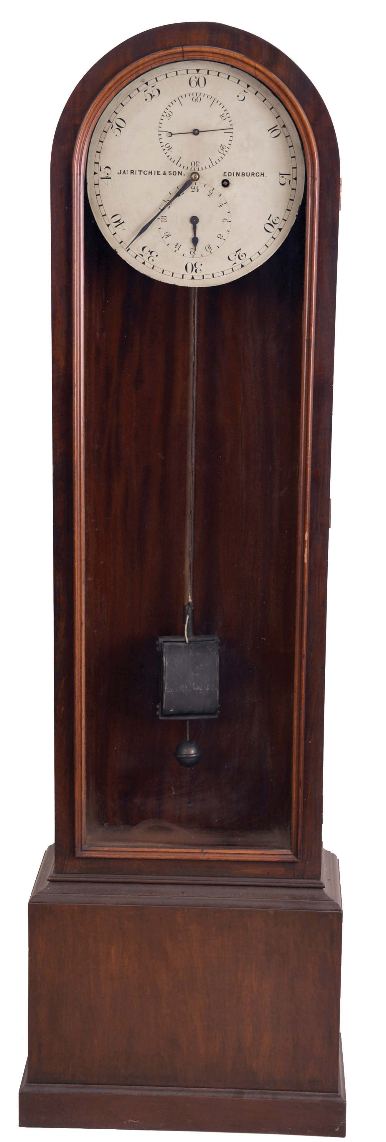 James Ritchie & Son, Edinburgh, master regulator with astronomical dial, mahogany case with arch top, glazed door and molded base, Arabic numeral, white painted sheet iron dial, the hour hand rotating once in 24 hours, 8 day, spring powered brass movement with heavy, trapezoidal plates and pinwheel escapement, the escape wheel arbor with electrical contact, closing a circuit once every 60 seconds, pendulum with wooden rod, coil, and large, spherical rating nut, and suspended from a heavy cast iron bracket — Antique Clocks Price Guide