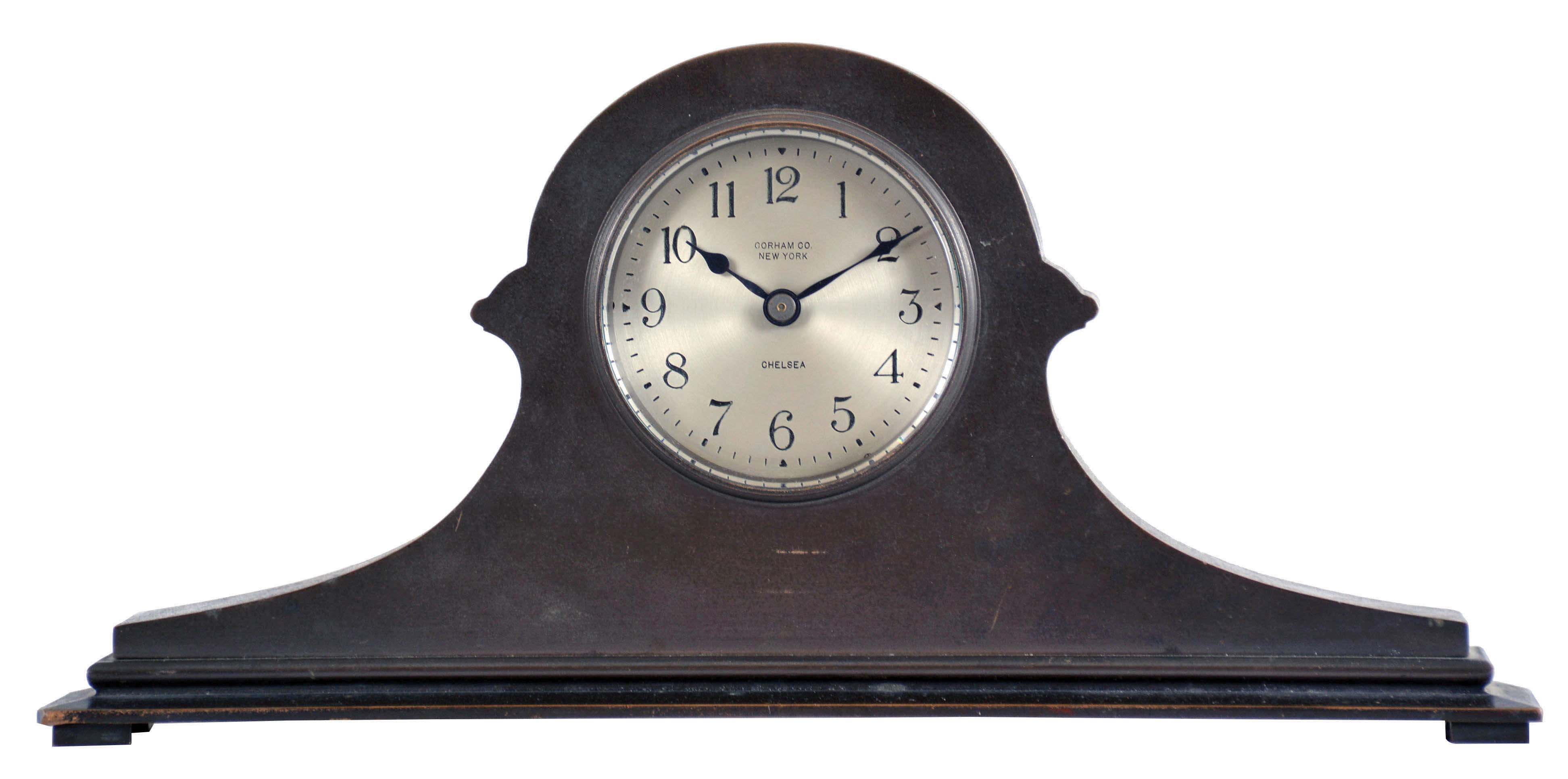 Chelsea Clock Co., Boston, Mass., miniature tambour clock, patinated bronze case, 3" Arabic numeral silvered dial, marked "Gorham Co. New York", blued steel hands, 8 day timepiece movement with lever escapement, serial #176351 — Antique Clocks Price Guide