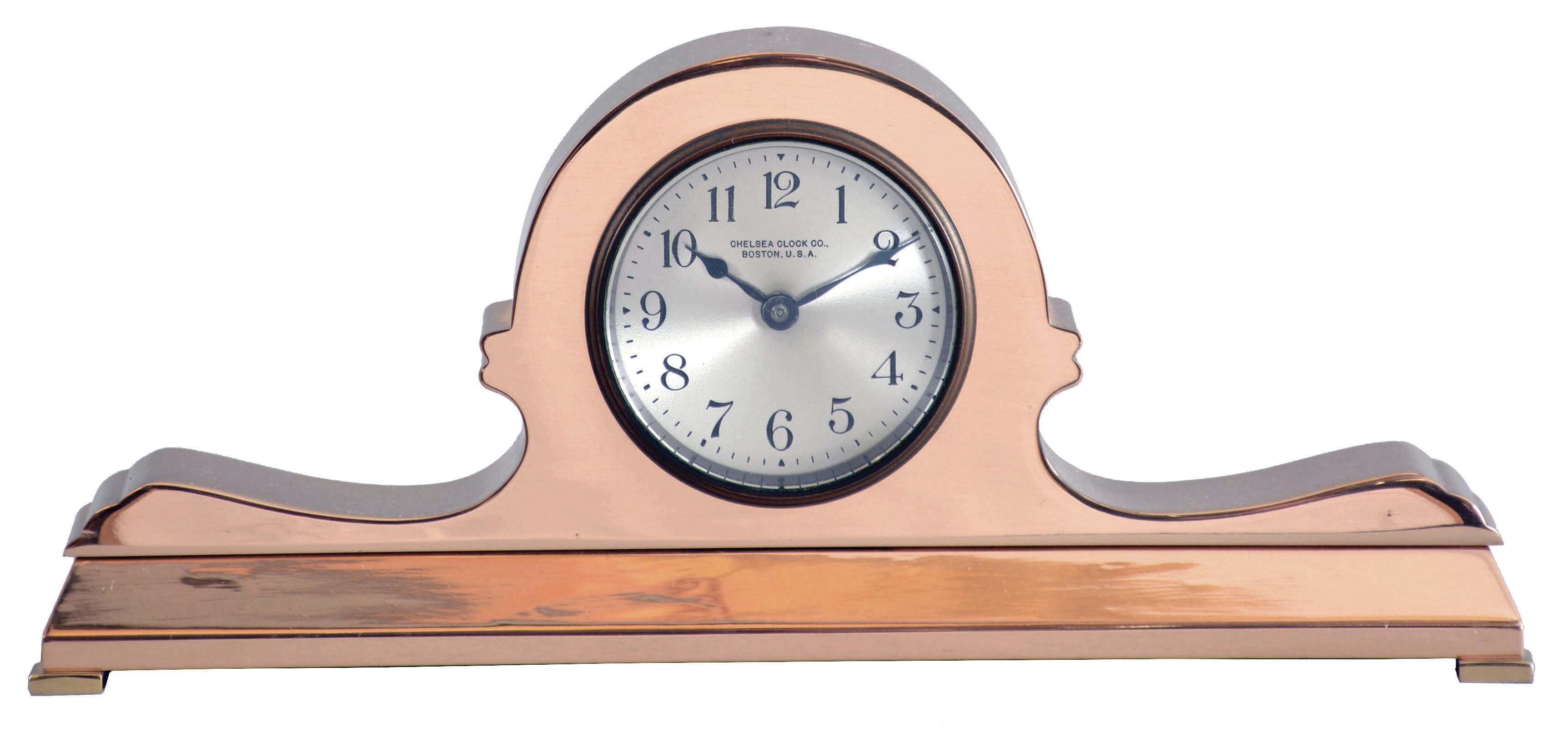 Chelsea Clock Co., Boston, Mass., miniature tambour clock, bronze case with brass feet, 3" Arabic numeral silvered dial, blued steel hands, 8 day timepiece movement with lever escapement, serial #175929 — Antique Clocks Price Guide