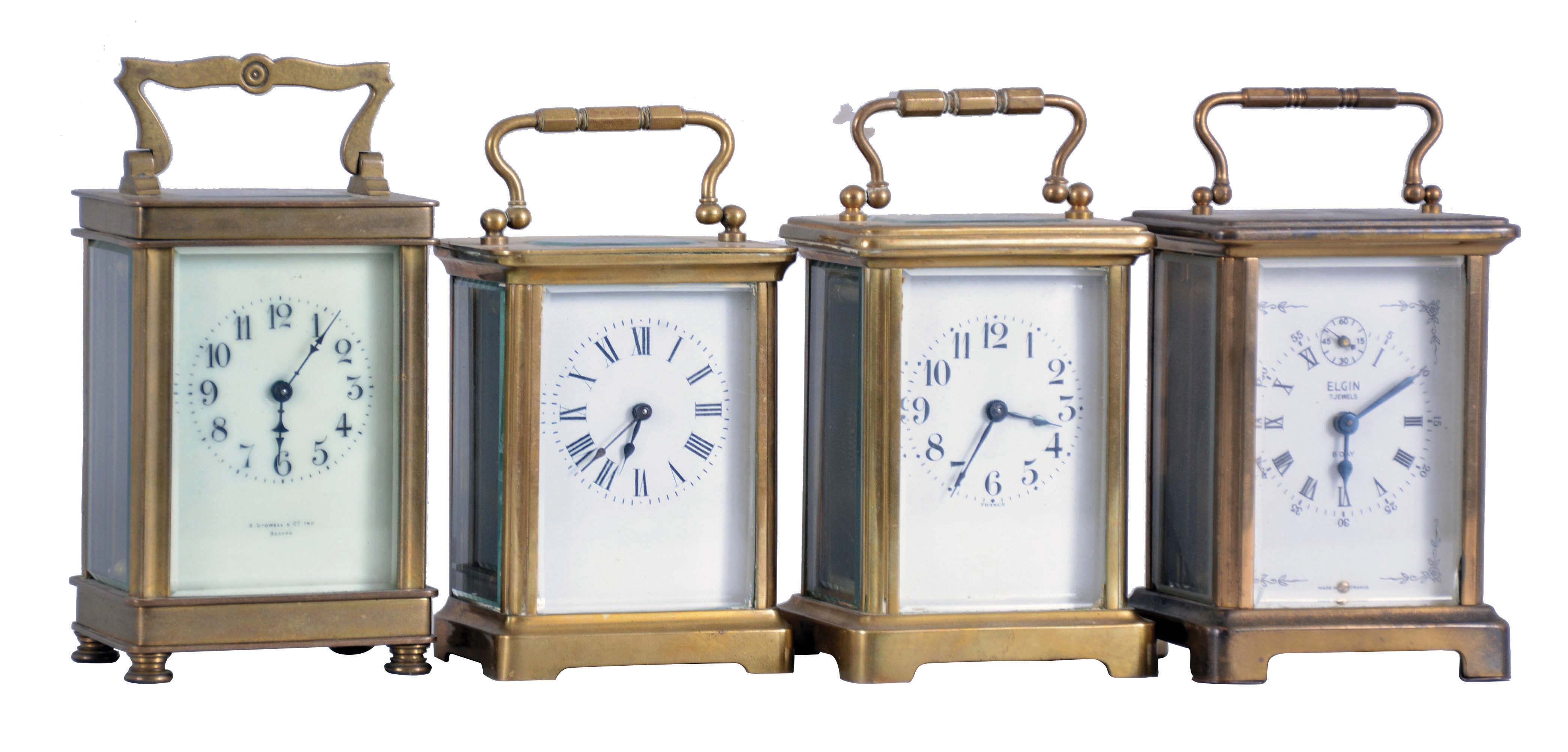 Clocks- 4 (Four) carriage: France, all with glazed brass cases with 8 day timepiece movements, three lever and one cylinder platform, three with white enamel dials and blued steel hands, one marked "John Wanamaker Philadelphia New York Paris", another marked "A. Stowell & Co., Inc., Boston", and one marked Elgin, dimensions of largest clock listed — Antique Clocks Price Guide