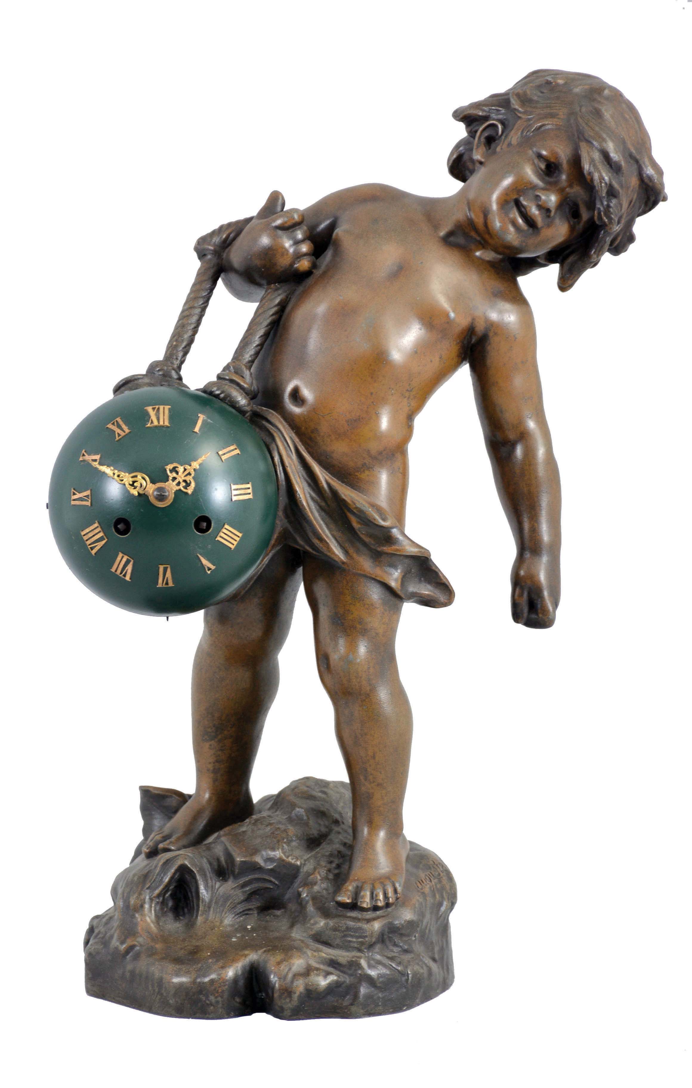 Fabrication Francais, Paris, figural table clock, the patinated spelter case depicting a young boy standing in a rocky landscape, carrying a spherical clock suspended from a rope handle, the clock case with applied, gilt Roman numerals, gilt Louis XV style hands, and 8 day, time and strike movement with cylinder platform, casting signed — Antique Clocks Price Guide