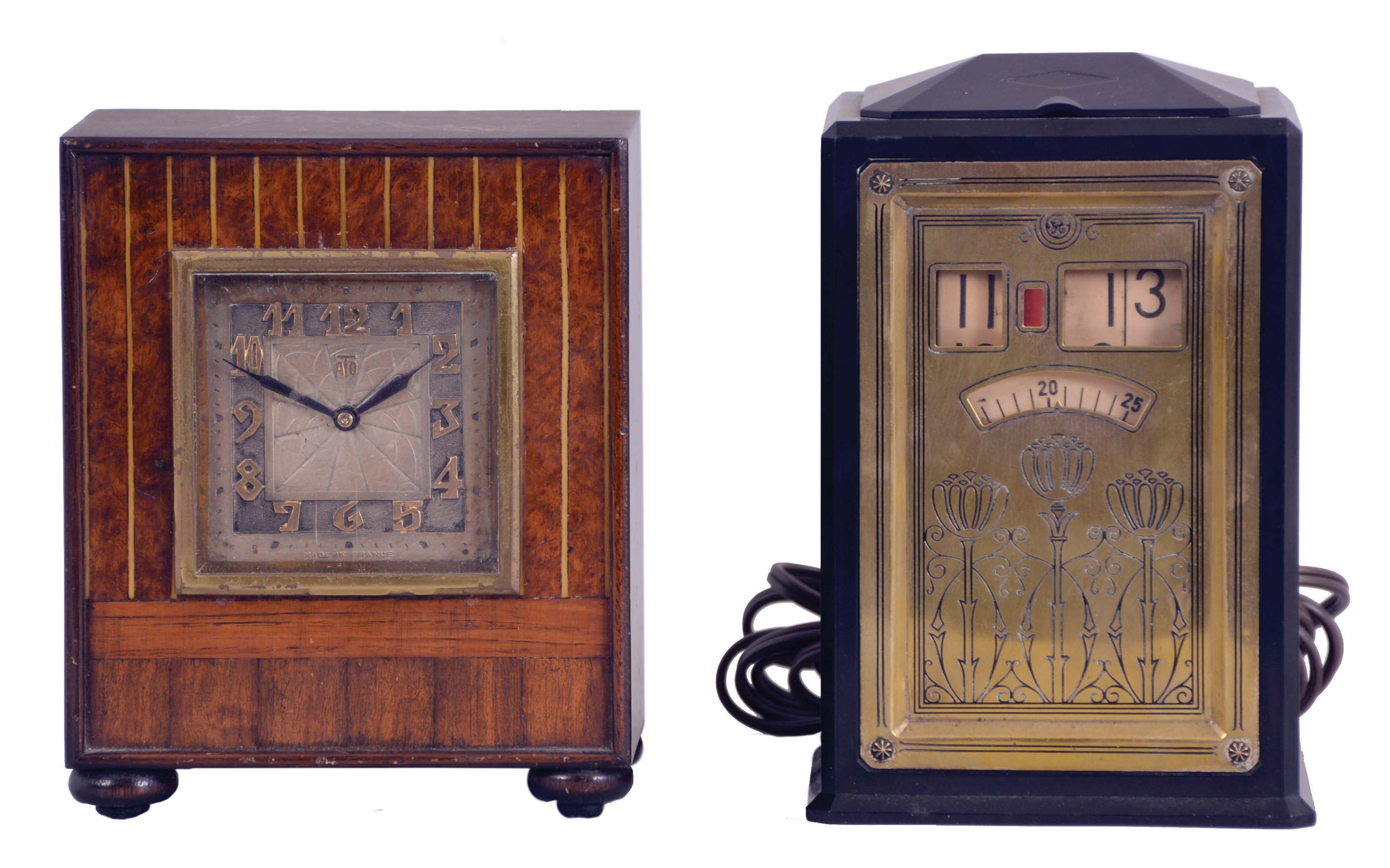 Clocks- 2 (Two) Early Electric Desk Clocks: (1) General Electric Co., U.S.A., "Executive" plug-in digital clock with engraved brass front plate and rotating seconds wheel, minute, and hour drums, c1933. (2) ATO, France, electromechanical battery-powered desk clock in an inlaid burled walnut and rosewood case. Movement is stamped "Leon Hetot", who was an innovator in electric clock movements, c1925. — Antique Clocks Price Guide