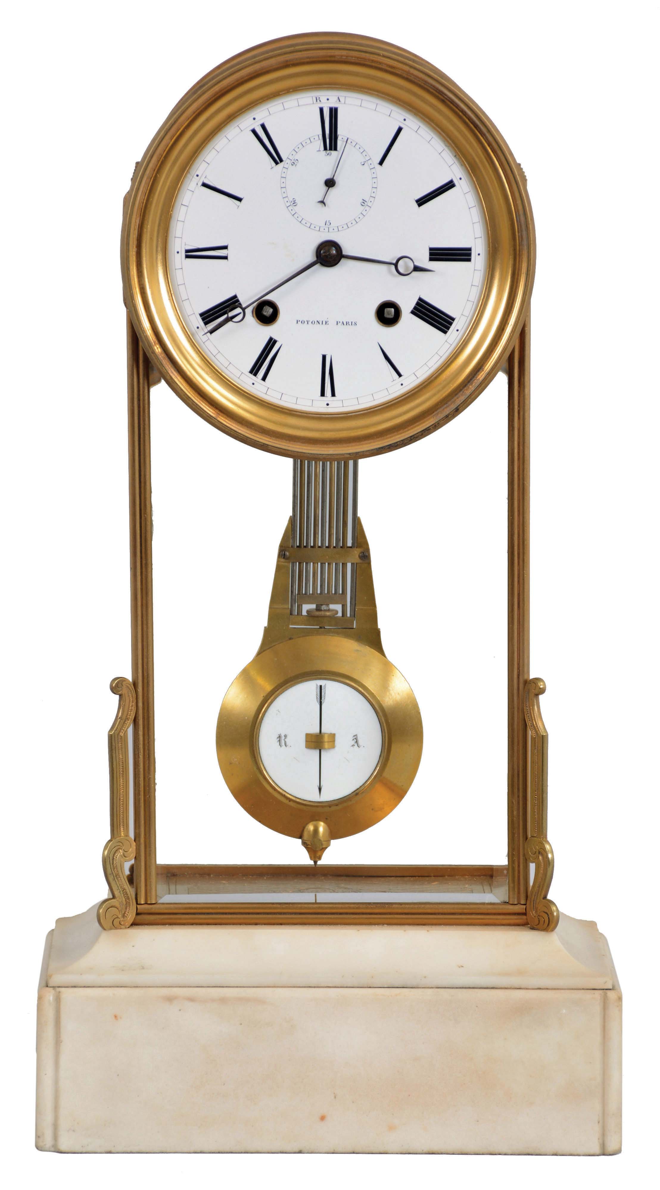Potonie, Paris, mantel or table regulator, rectangular, white marble, molded base supporting the glazed, arch top case, top with acanthus leaf engraving, sides with trefoil ornamented parapet, and case "floor" with acanthus engraving on a crosshatched field, Roman numeral white enamel dial with seconds chapter below 12:00, blued steel Breguet style hands, 8 day, time and strike movement with square plates, marked "Mouv Surfin", "D. Pontonie & Cie 8113 Paris", and "Horloger P. Bly" below the back cock, gilt, gridiron pendulum with white enamel insert — Antique Clocks Price Guide