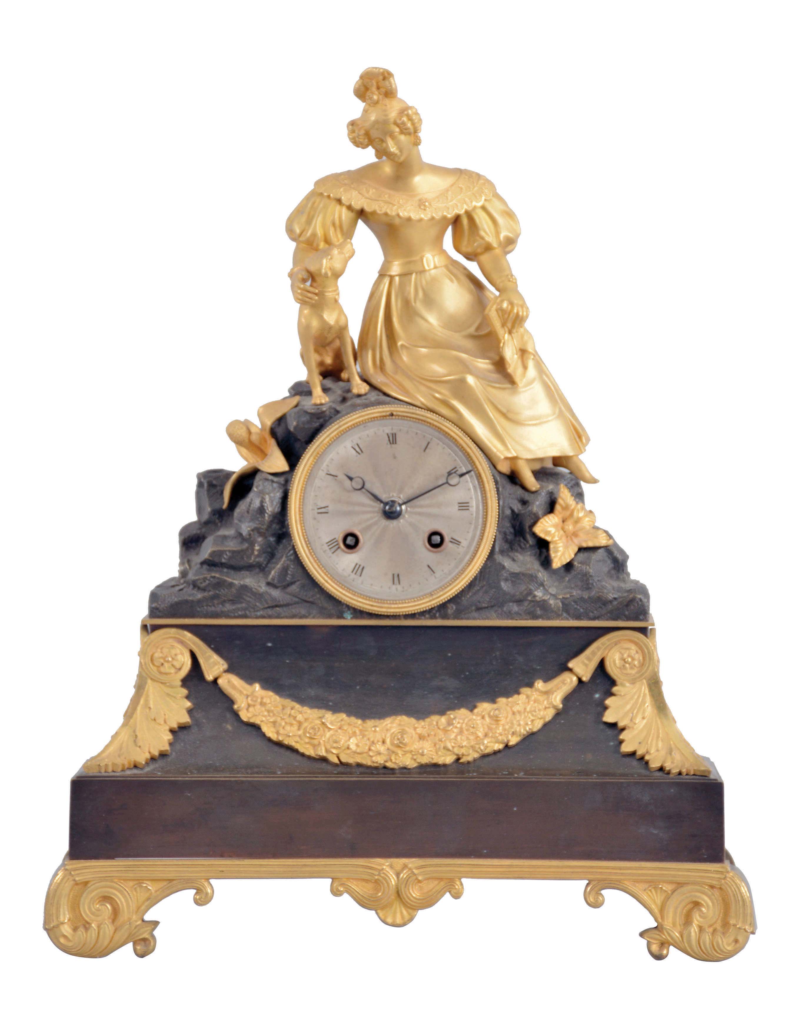 France, a gilt and multicolor patinated bronze figural mantel clock, the red patinated base with incurved sides resting on gilt scroll feet, with gilt acanthus corners suspending a floral festoon, supporting a rocky pinnacle, on which a stylish young woman and her dog rest, Roman numeral, engine turned silvered dial with gilt bezel, blued steel Breguet style hands, 8 day, time and strike, pendule de Paris movement with silk thread suspension — Antique Clocks Price Guide