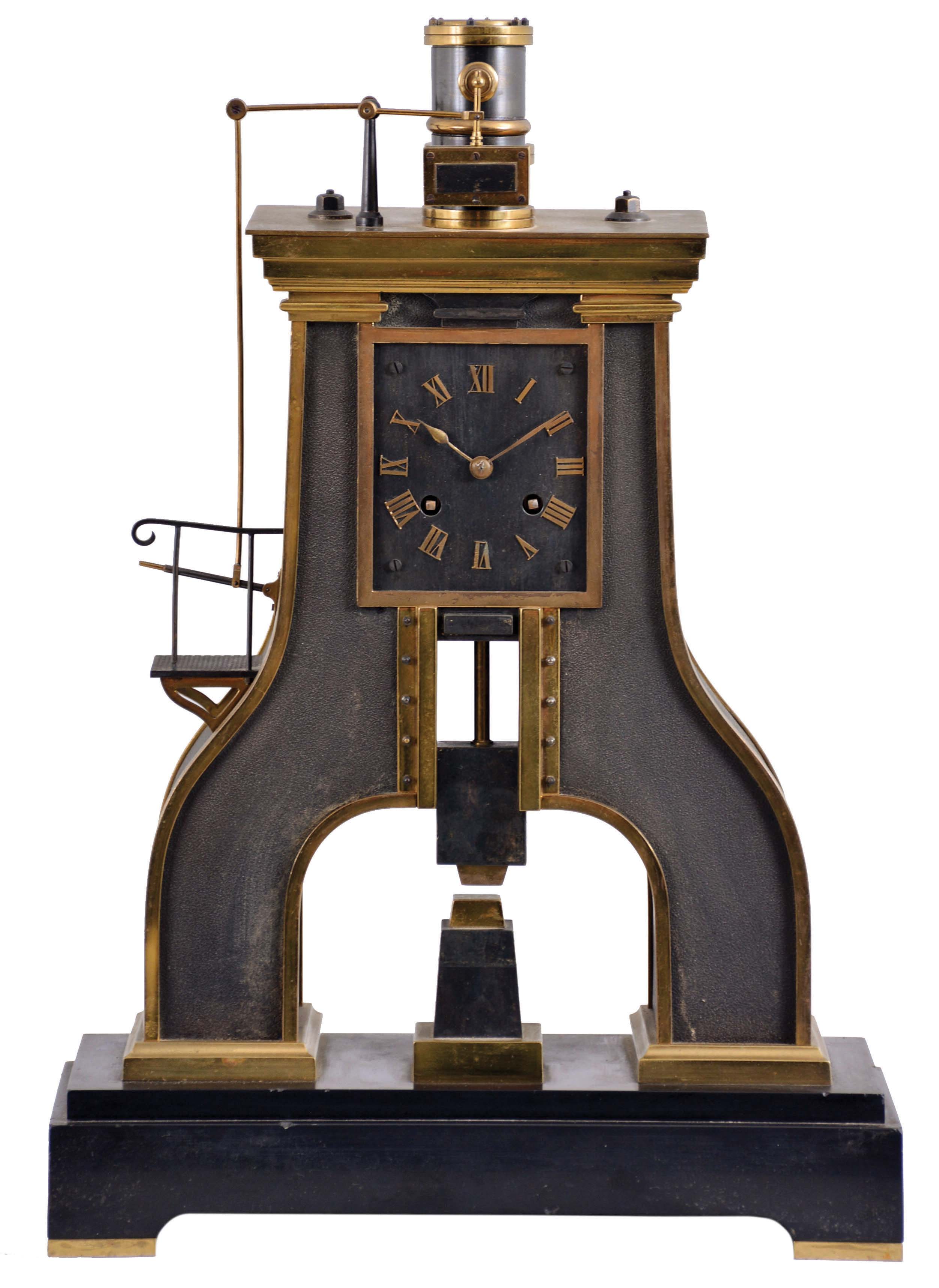 France, (Guilmet) industrial series "steam hammer", polished and patinated bronze case on a black slate base with polished feet, the hammer forming part of the complex pendulum, rising and falling, appearing to strike the anvil as the clock runs, Roman numeral metal dial, 8 day, time and strike pendule de Paris movement, with Guilmets modifications, and also with Guilmet's mark on the back plate — Antique Clocks Price Guide