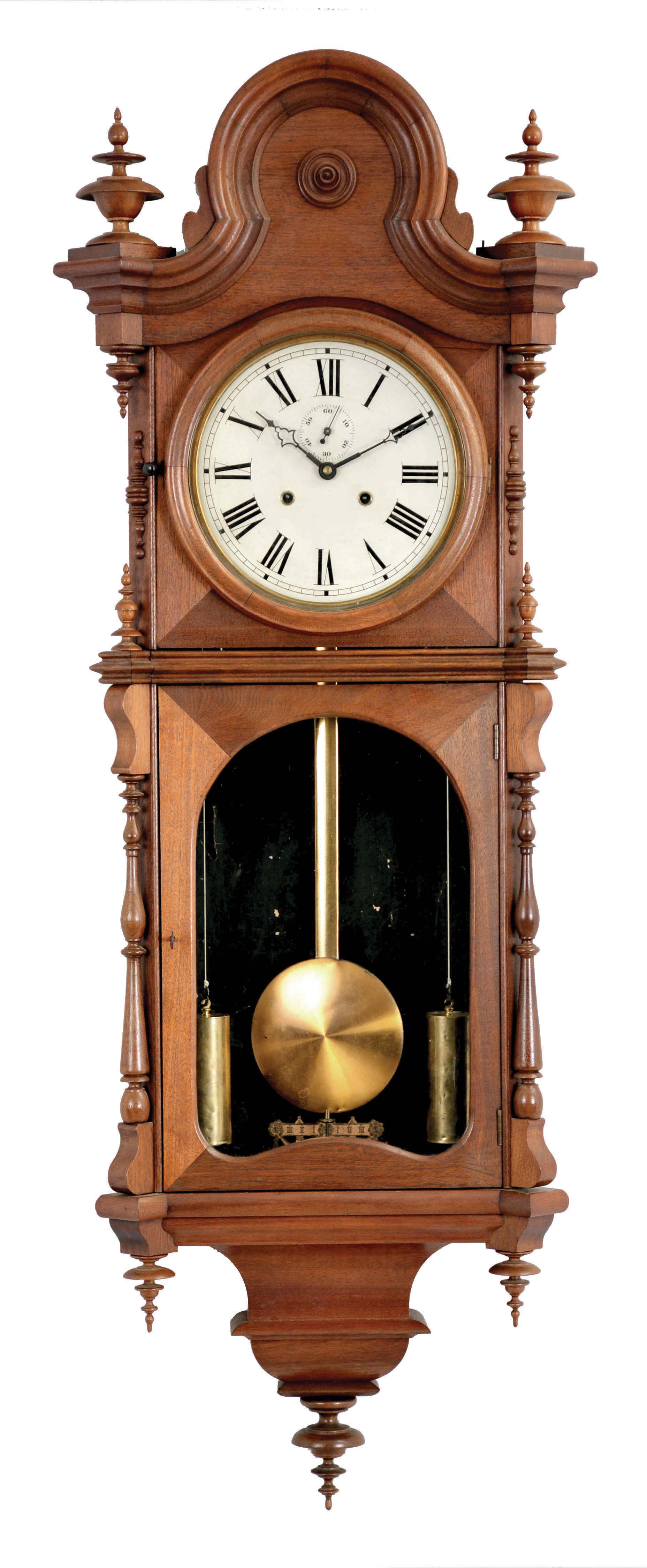 Welch, Spring & Co., Forestville, Conn., "Regulator No. 5" wall hanging clock with a double weight driven timepiece movement in a walnut case. — Antique Clocks Price Guide