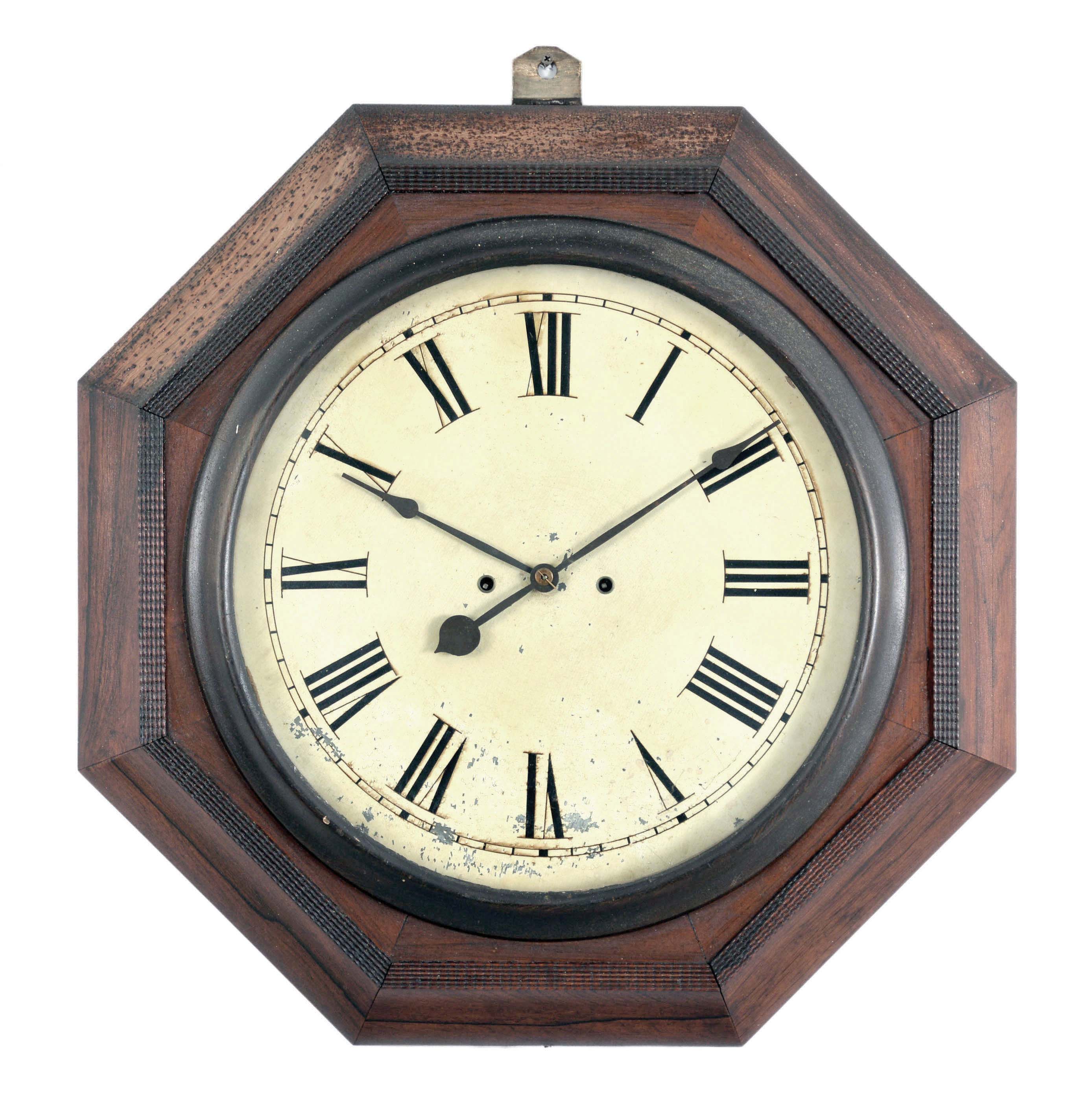 Atkins Clock Co., Bristol, Conn. gallery wall clock with a spring driven 30 day double fusee timepiece movement in a rosewood veneered case with a ripple front molding. — Antique Clocks Price Guide